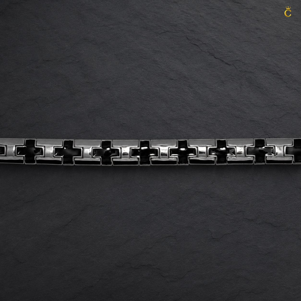 Men's Silver Black Cross Link Bracelet