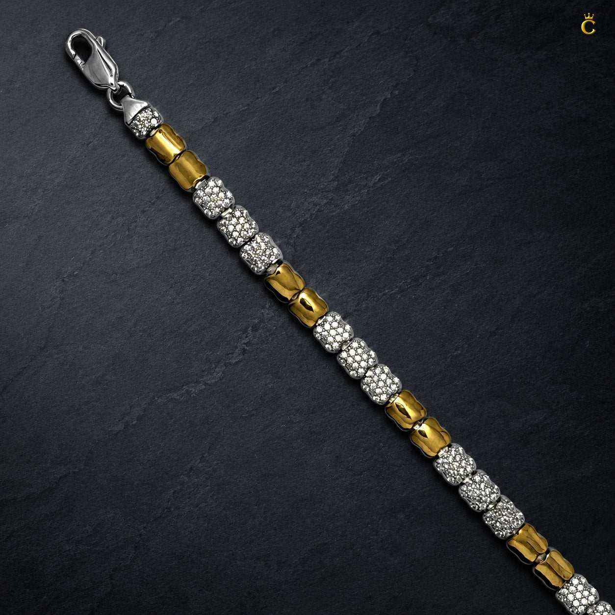 Silver Two-Tone Pave Square Link Bracelet