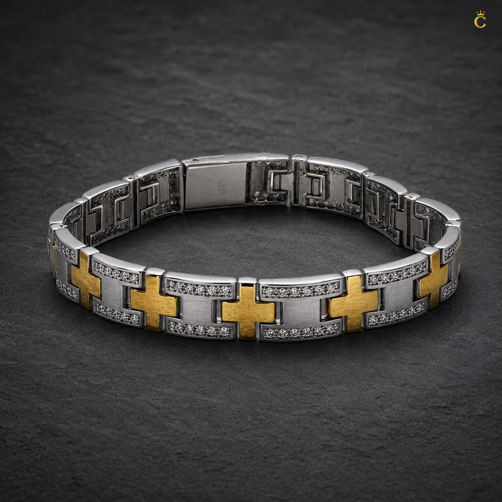 Men's Silver and Gold Toned Link Bracelet with CZ Accents