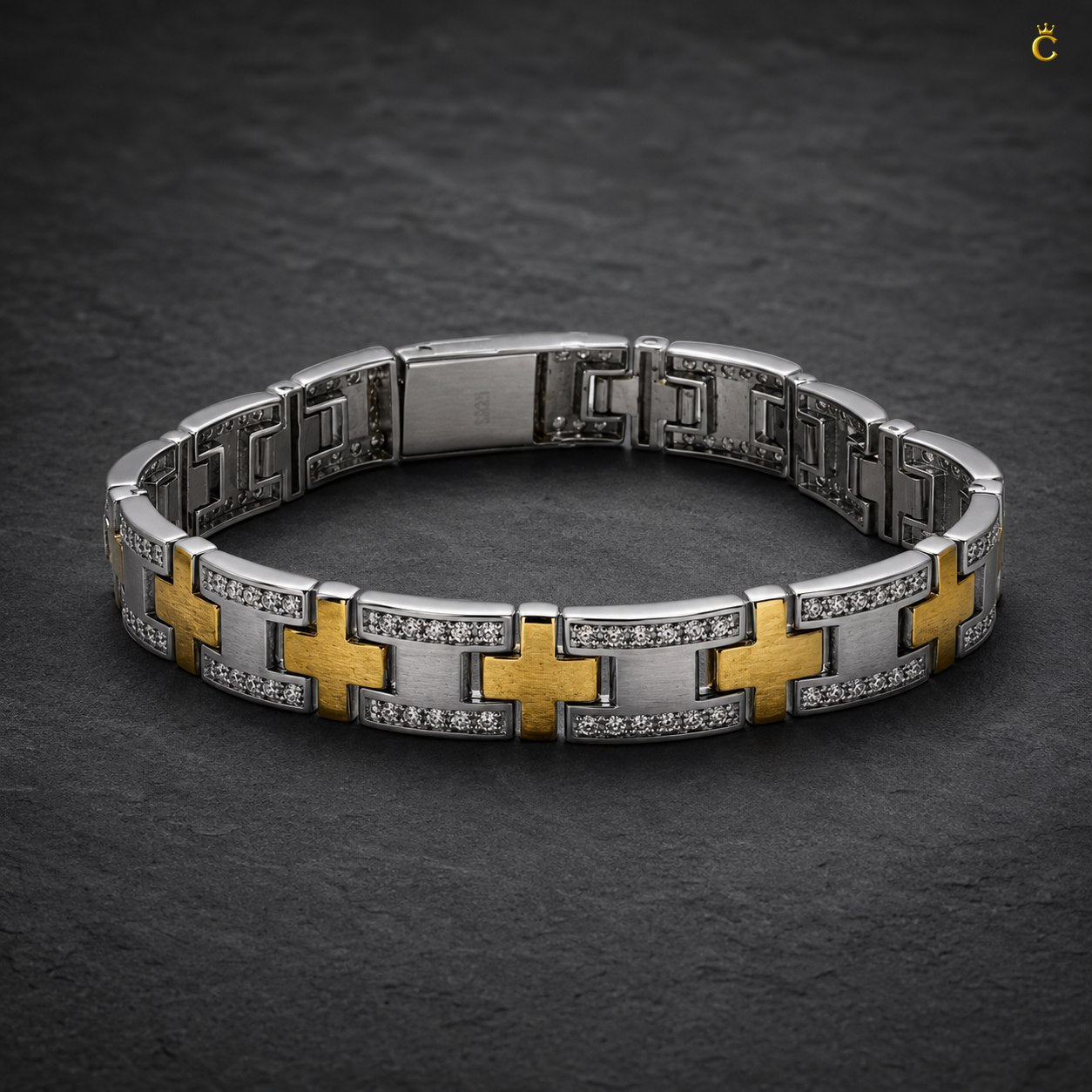 Men's Silver and Gold Toned Link Bracelet with CZ Accents