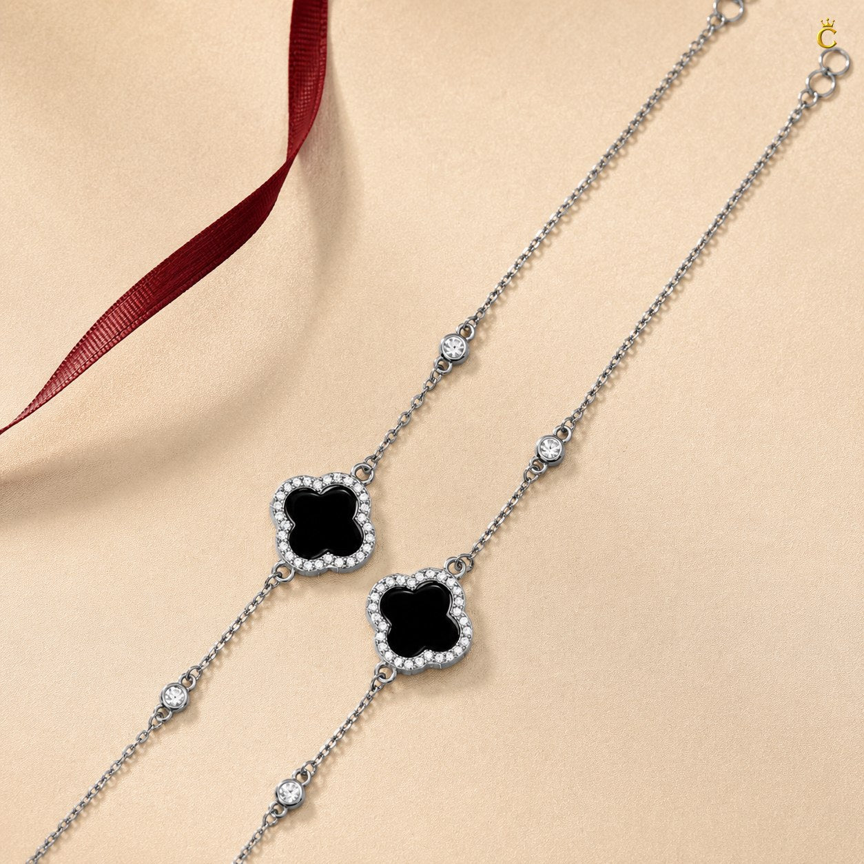 Celestora Onyx Black Clover with Zircon studded Van cliff Bracelet