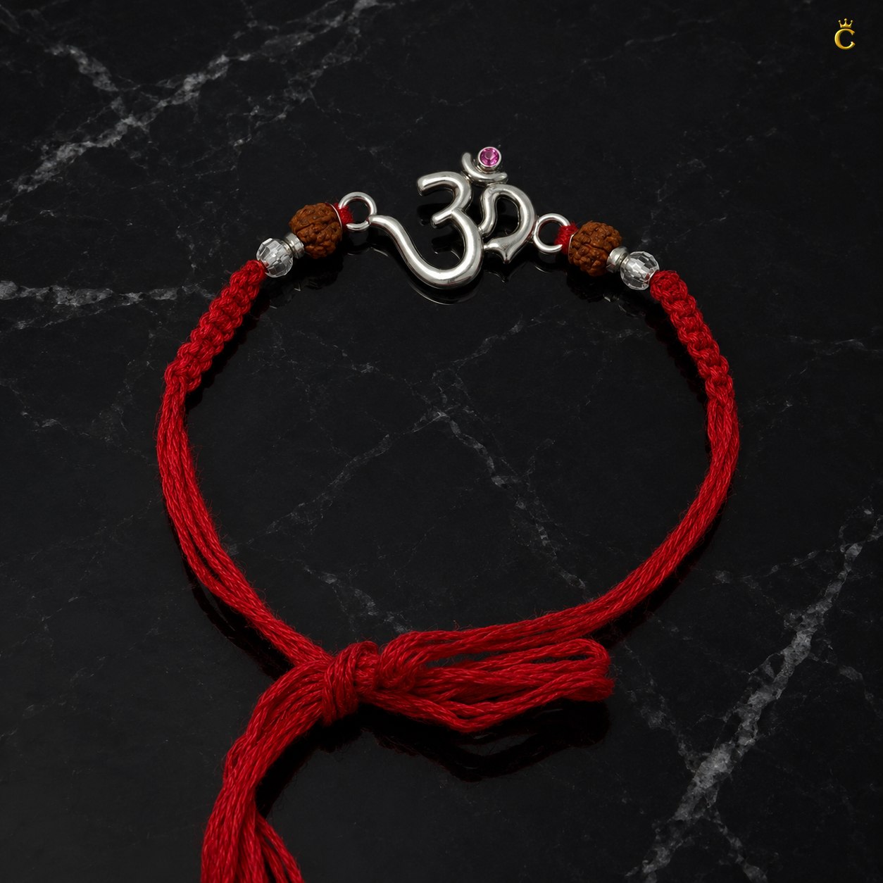 Celestora-Silver Om Rudra with traditional red-yellow sacred thread Rakhi/Bracelet