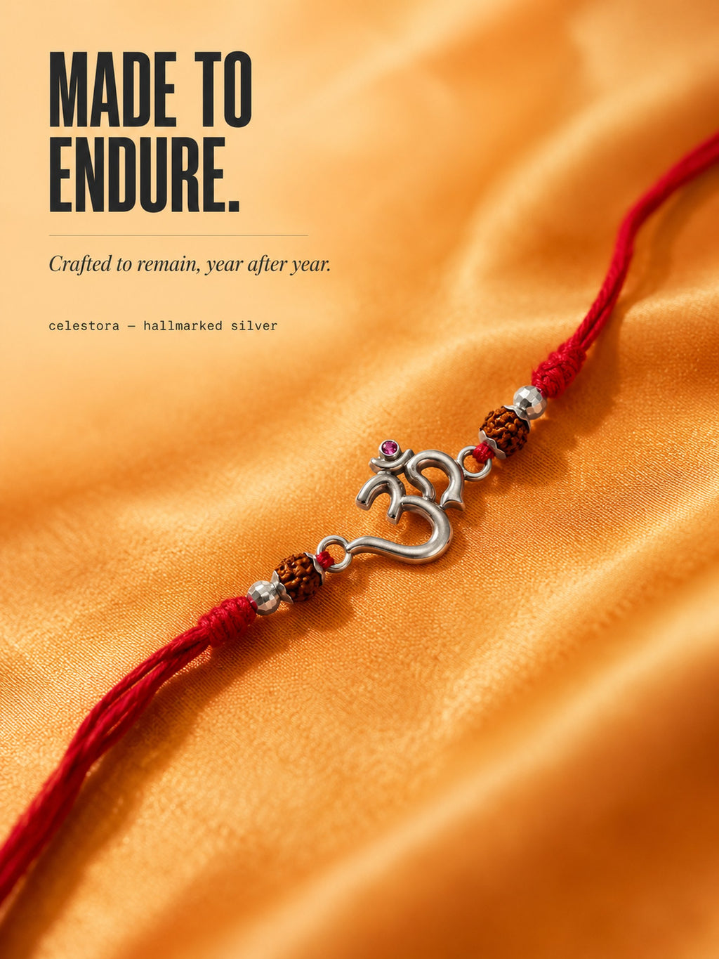 Celestora-Silver Om Rudra with traditional red-yellow sacred thread Rakhi/Bracelet