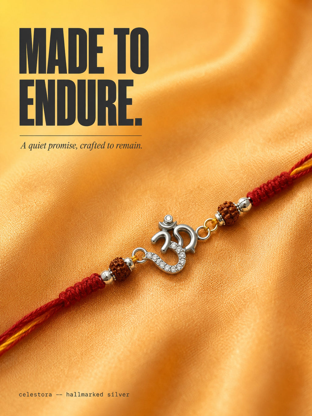 Celestora-Silver Om Rakhi with Rudraksha, CZ stones, and traditional Mauli thread