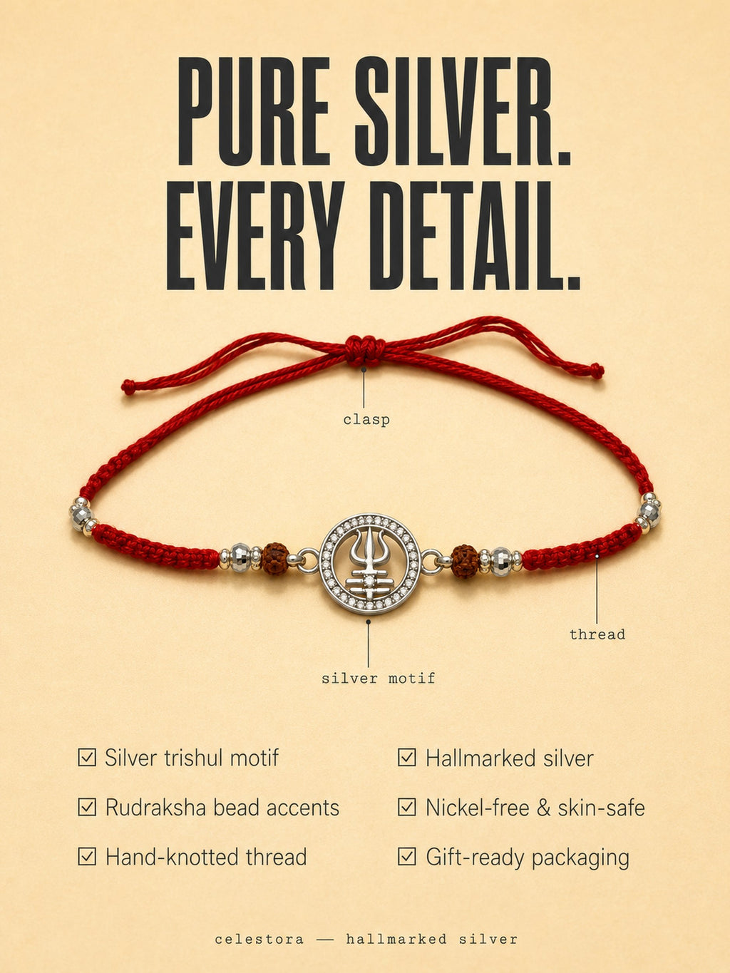 Silver Trishul Rakhi with Rudraksha and CZ stone & Mauli Dhaga