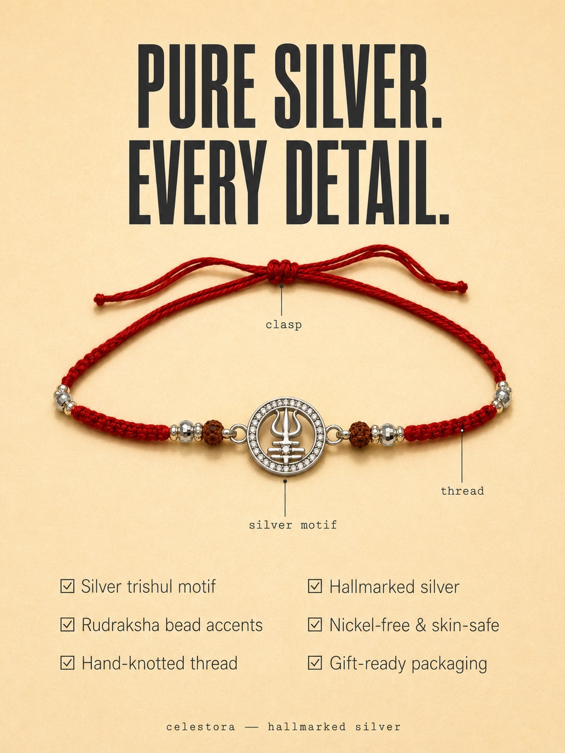 Silver Trishul Rakhi with Rudraksha and CZ stone & Mauli Dhaga