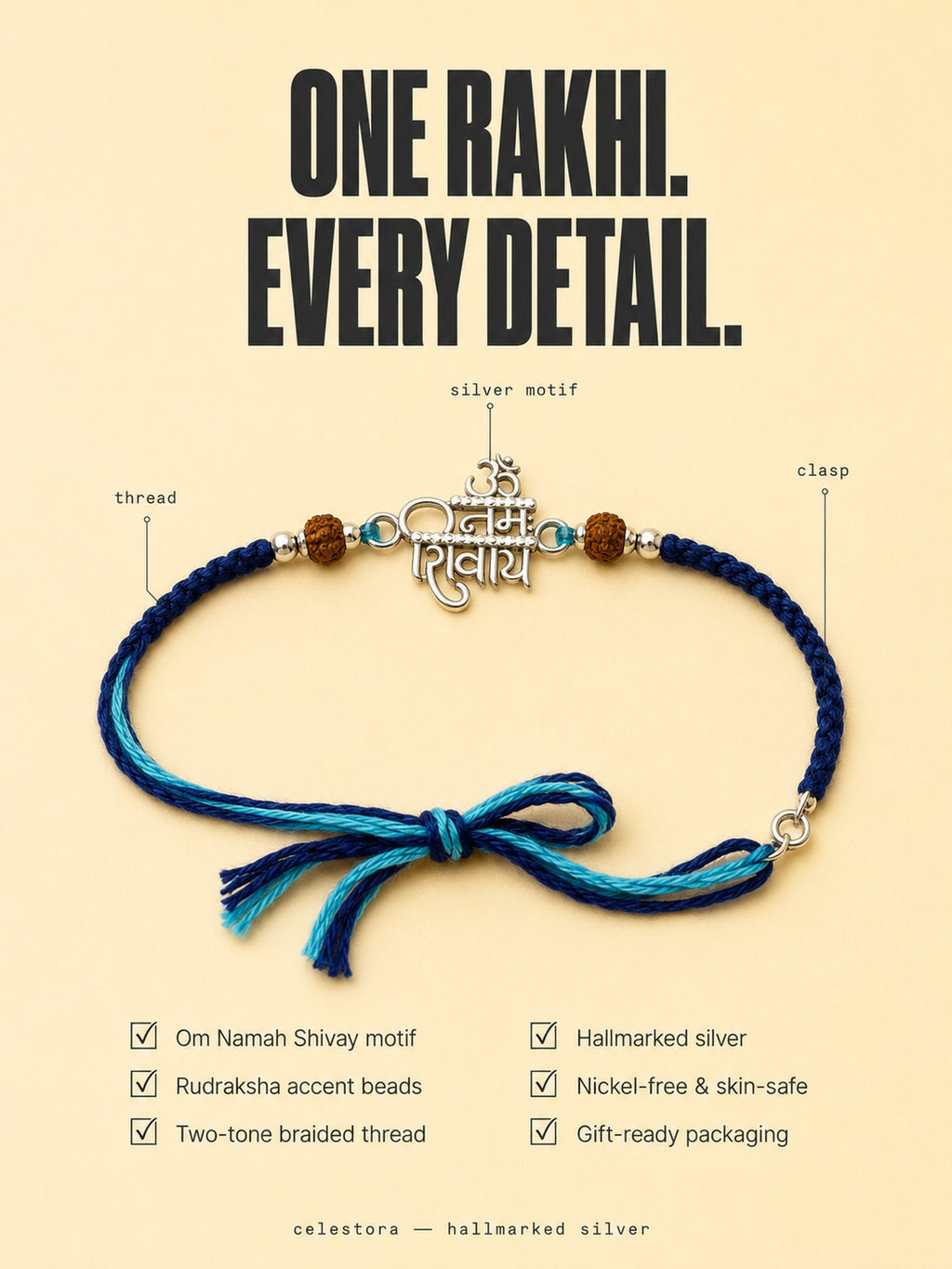 Celestora-Silver "Om Namah Shivaya" Rakhi/ Bracelet with glittering CZ stones, Rudraksha beads, and a blue sacred thread
