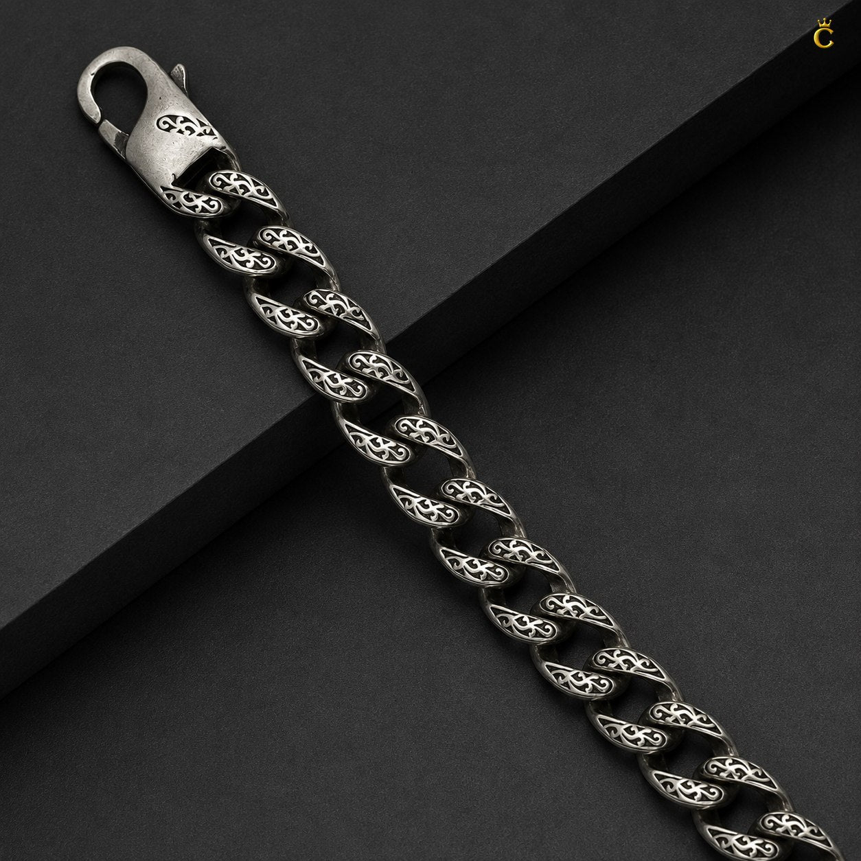 Ornate Filigree Silver Curb Link Bracelet