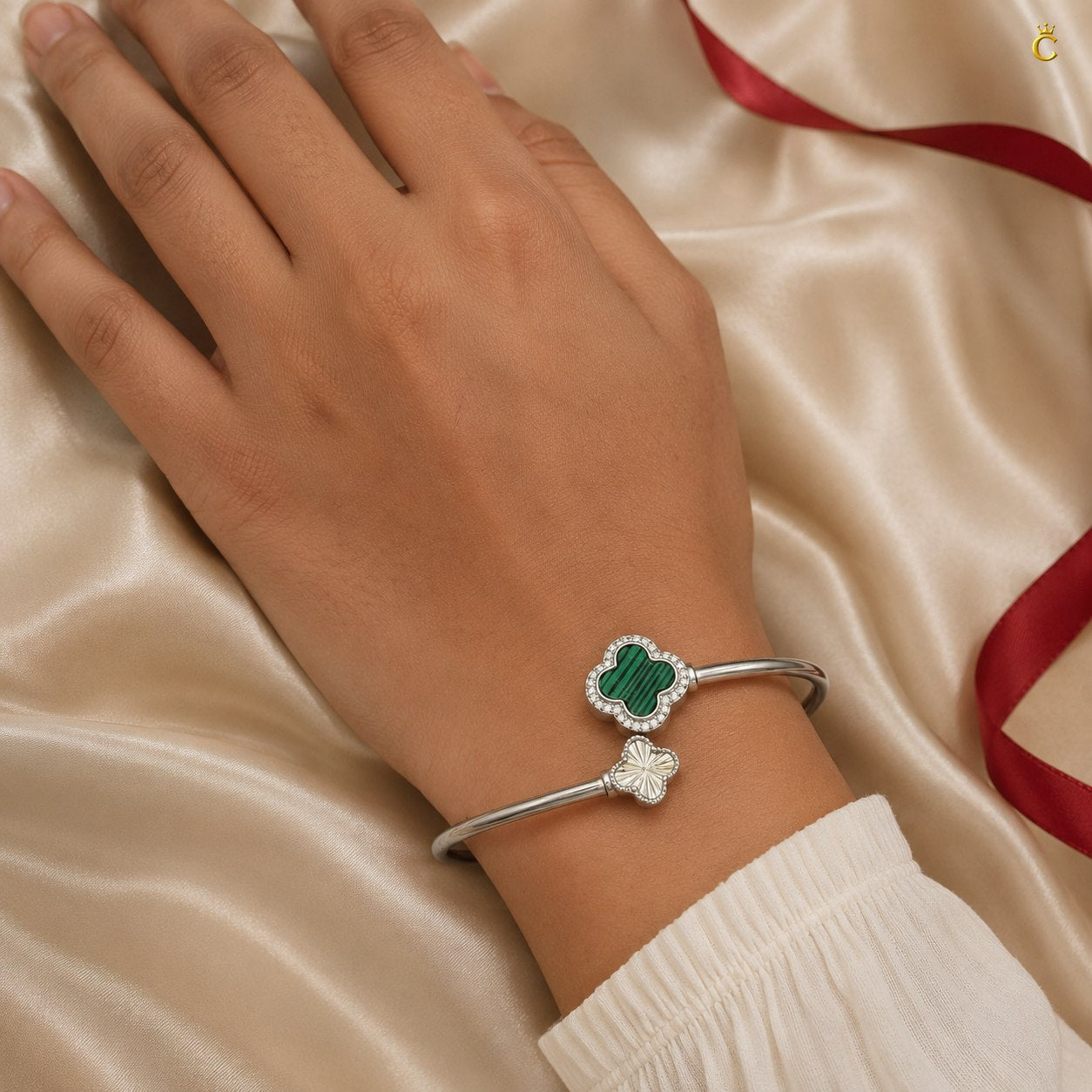 Celestora-Silver Open Cuff /Kada Van-cliff design with a Green & Silver clover motif
