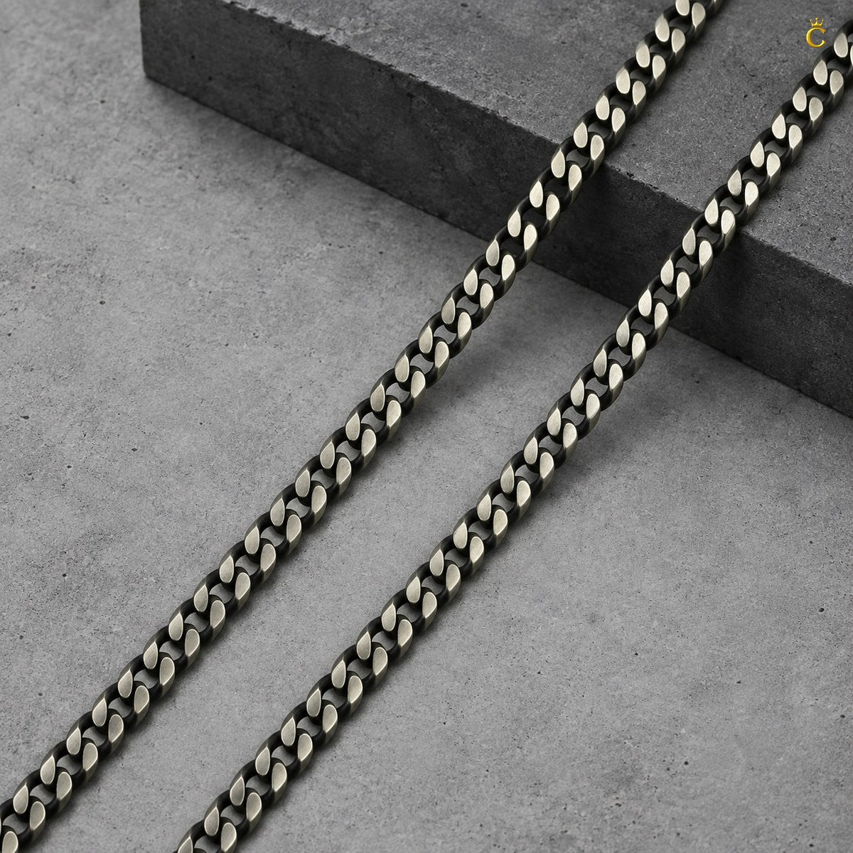 Royal Cuban-link style bold oxidized. Silver chain
