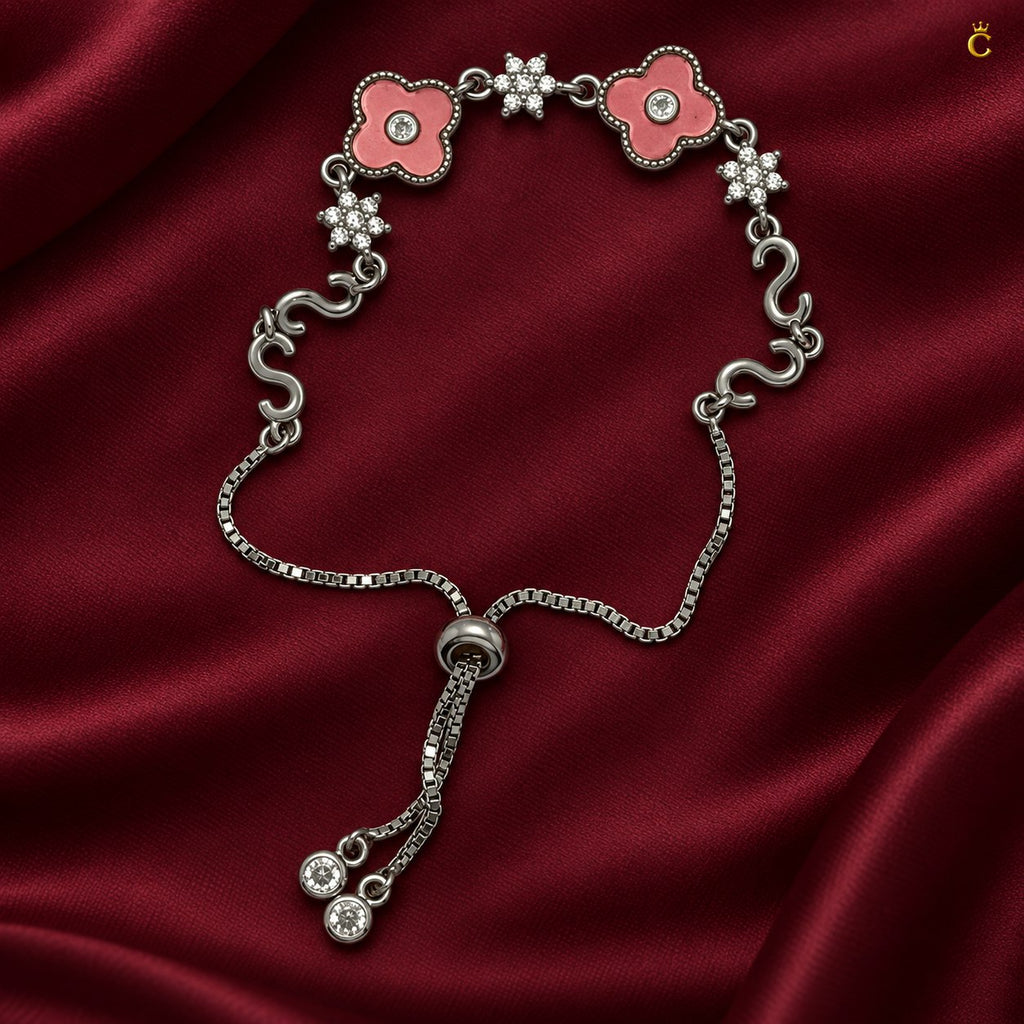 Elegant Silver pink floral adjustable /slider bracelet