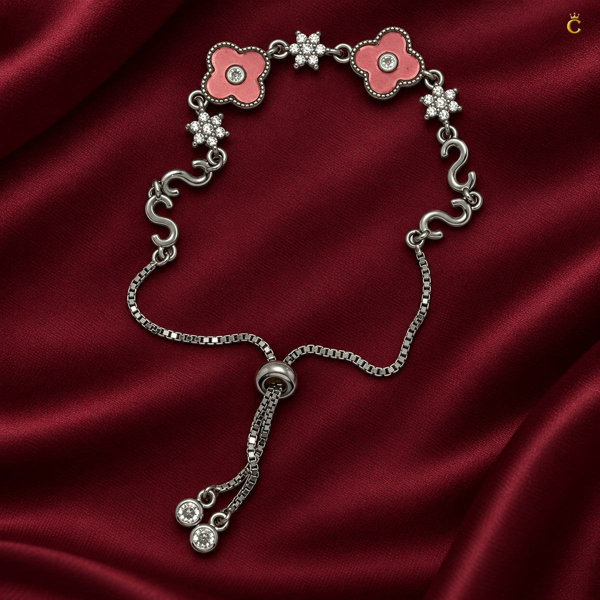 Elegant Silver pink floral adjustable /slider bracelet