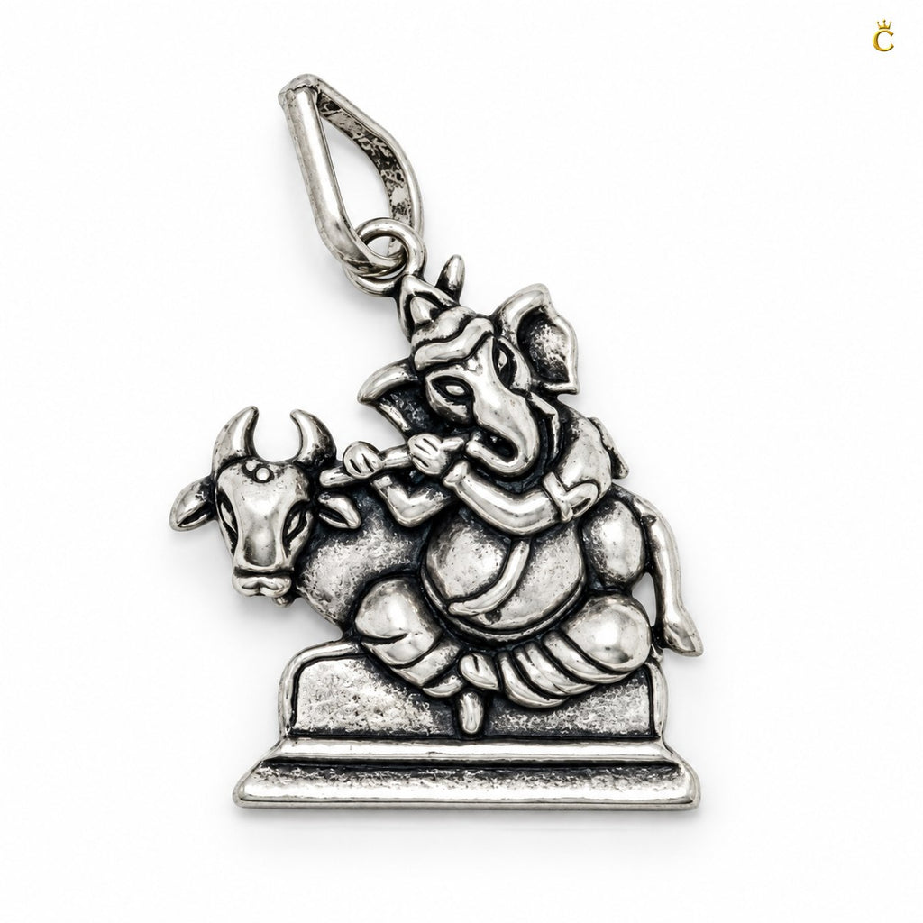 Oxidized Lord Ganesha with Bansuri and Holy cow Silver pendant