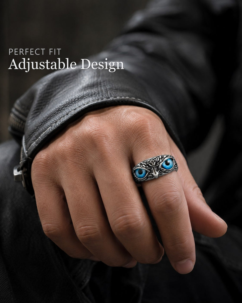 Vivid Blue-Eyed Owl Adjustable Silver Ring