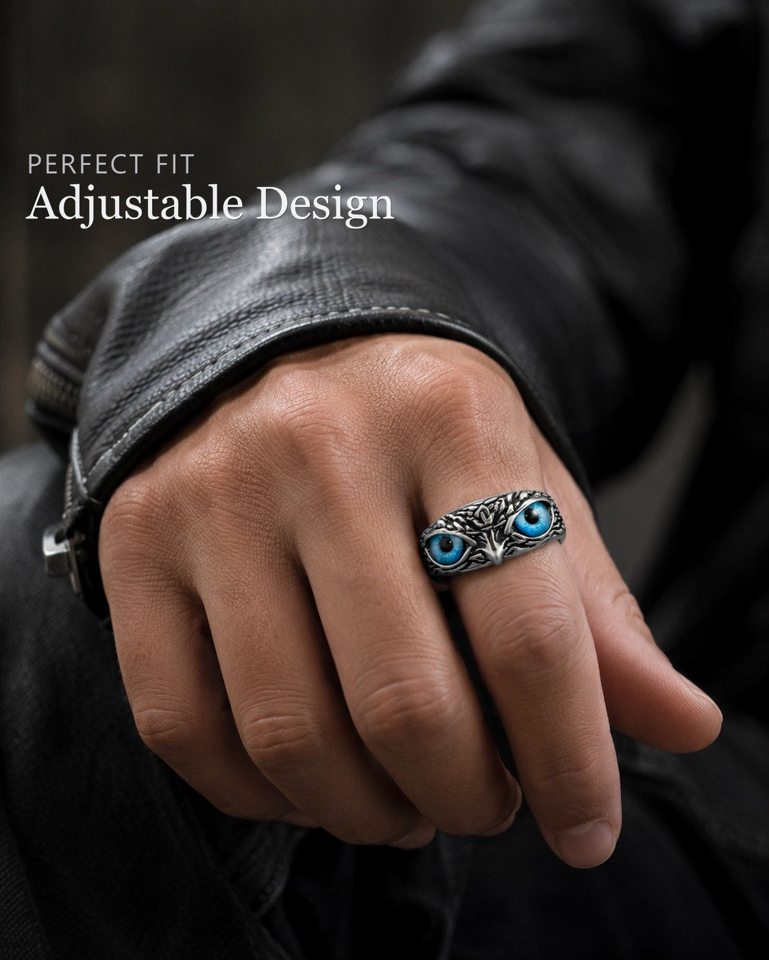 Vivid Blue-Eyed Owl Adjustable Silver Ring