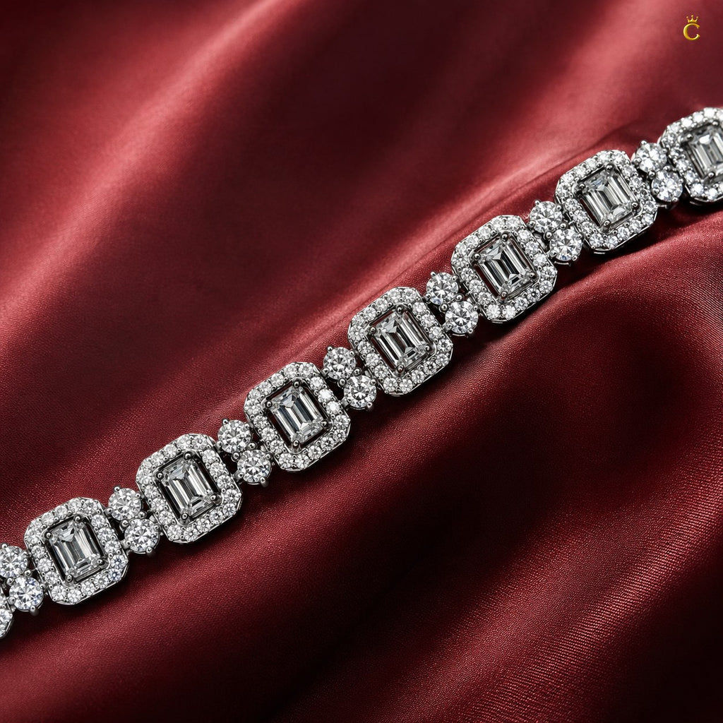 Emerald Cut Halo Diamond Link Silver Bracelet