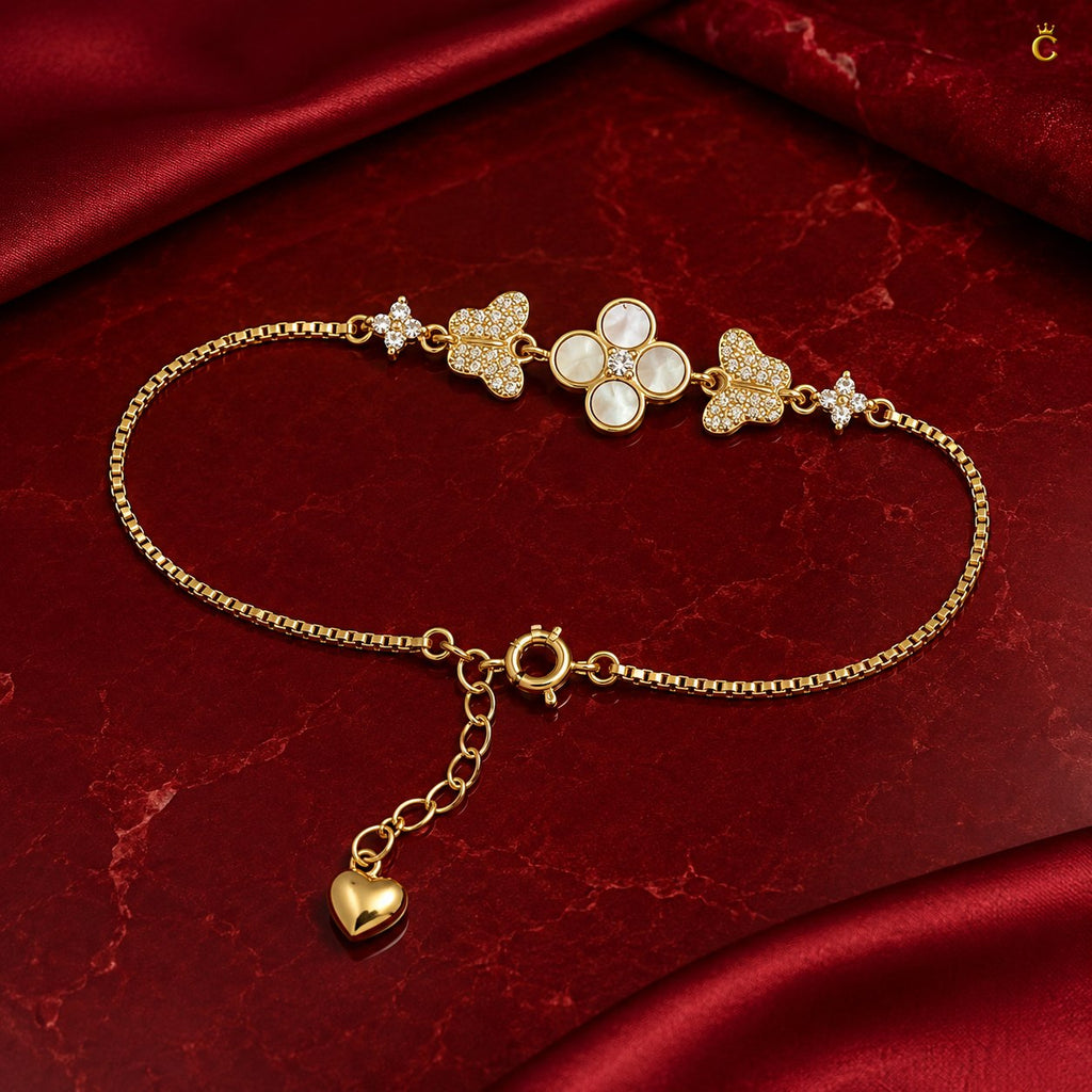 Gold Plated Silver Clover and Butterfly Charm Bracelet