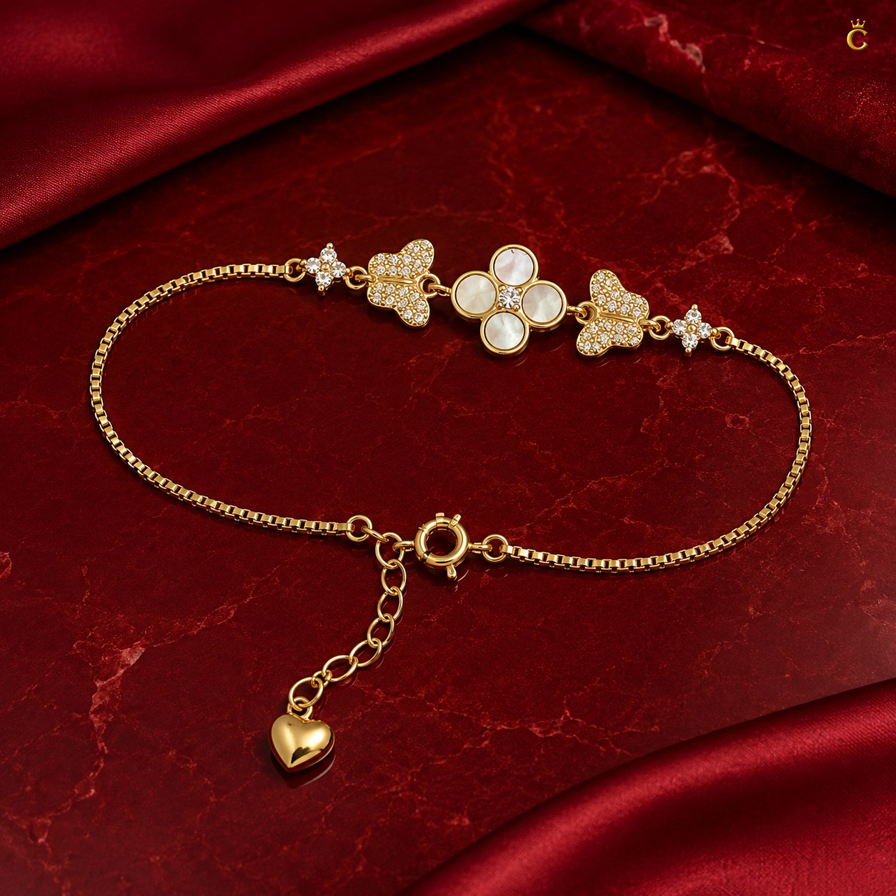 Gold Plated Silver Clover and Butterfly Charm Bracelet
