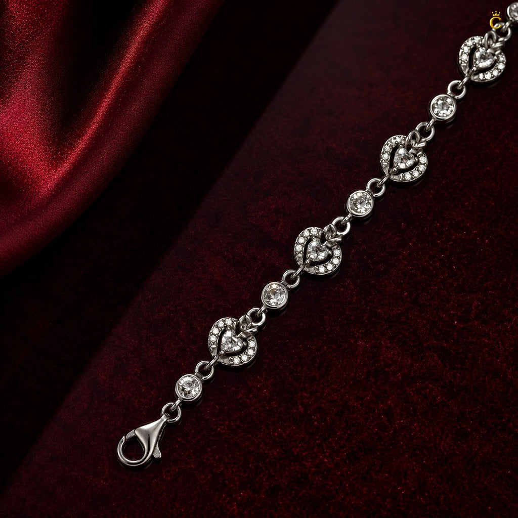 Interlinked Heart and Round Halo Silver Bracelet