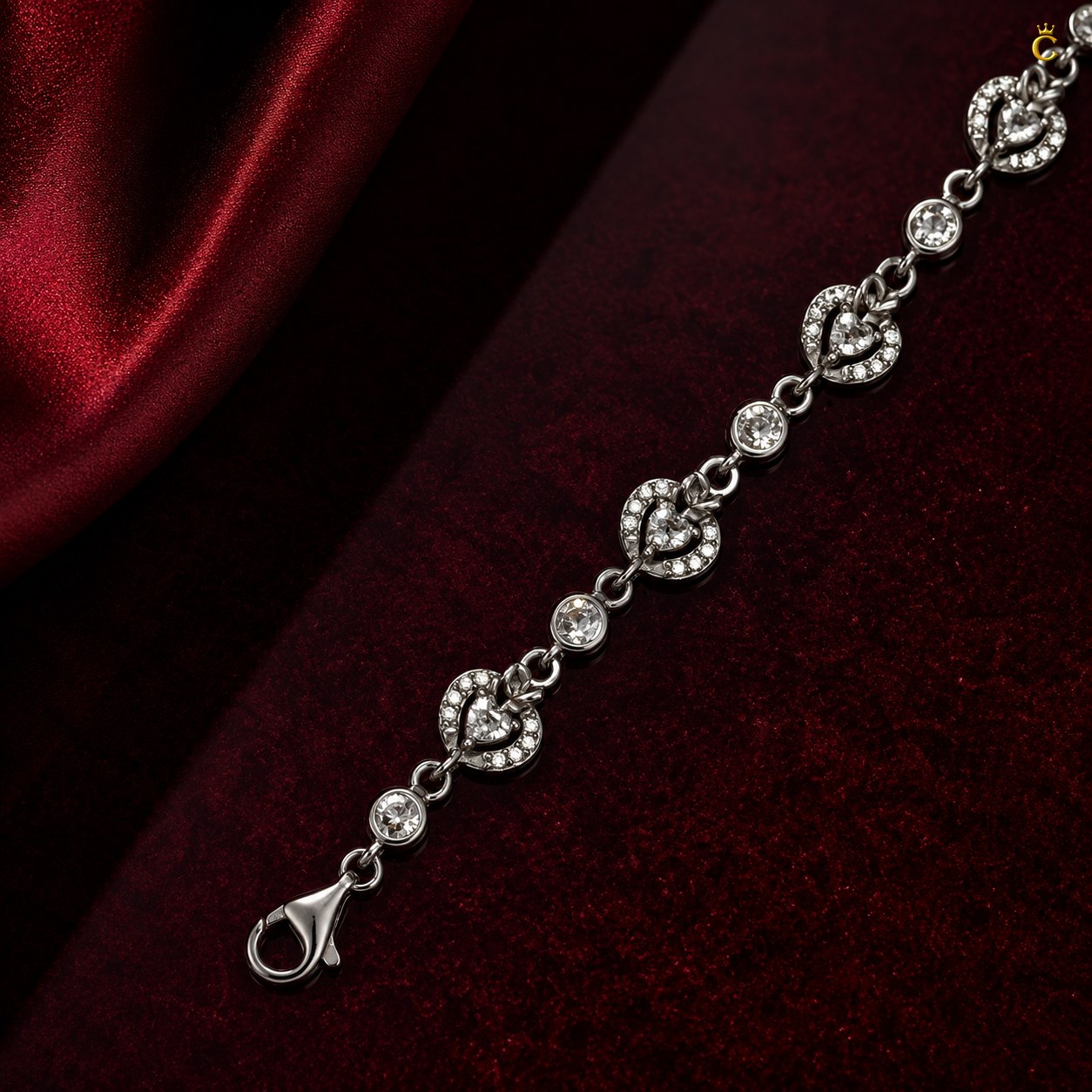 Interlinked Heart and Round Halo Silver Bracelet