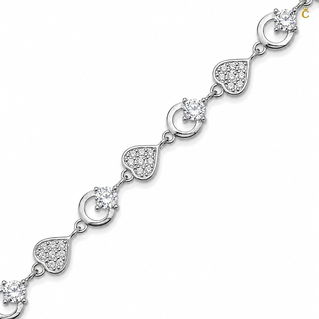 Interlocking Heart and Solitaire Silver Bracelet