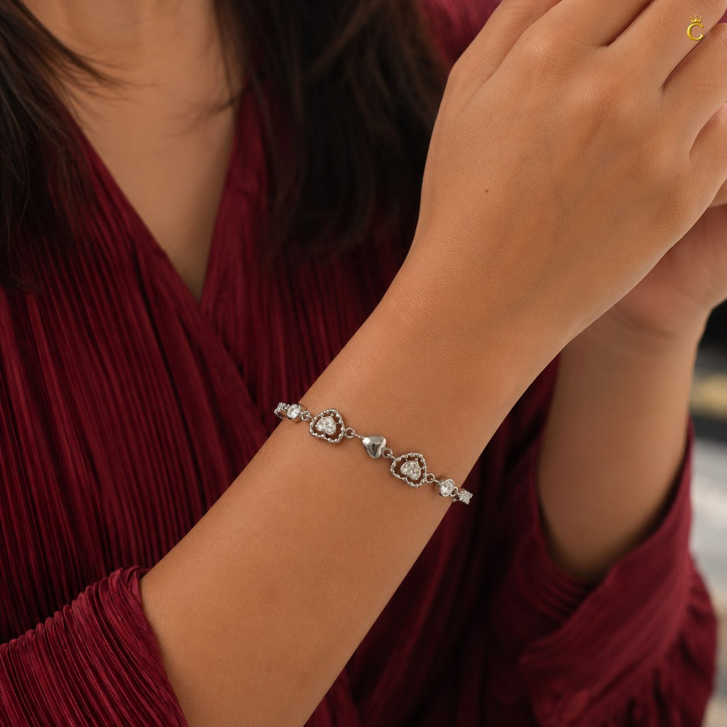 Interlinked Heart Tennis Silver Bracelet