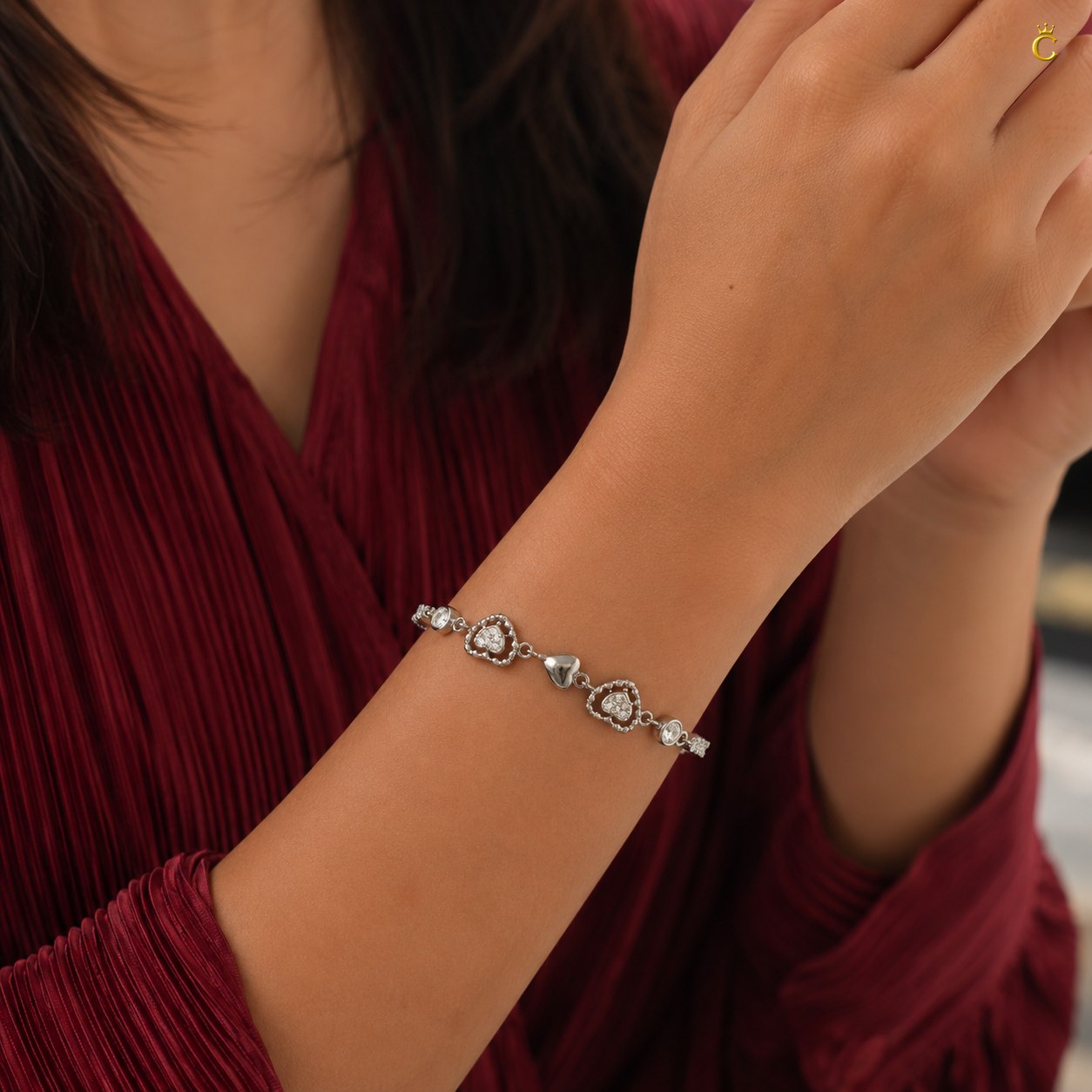 Interlinked Heart Tennis Silver Bracelet