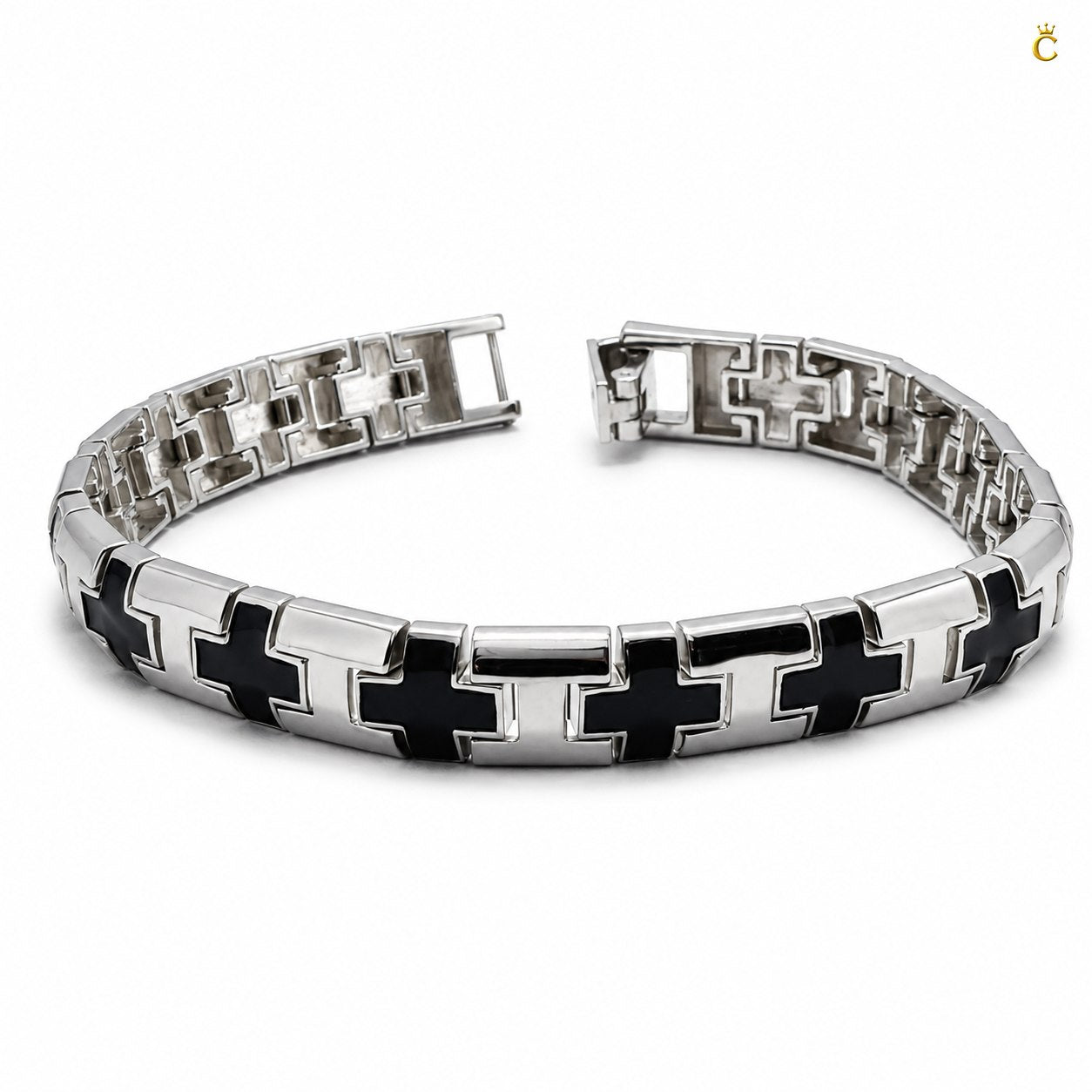 Men's Silver Black Cross Link Bracelet