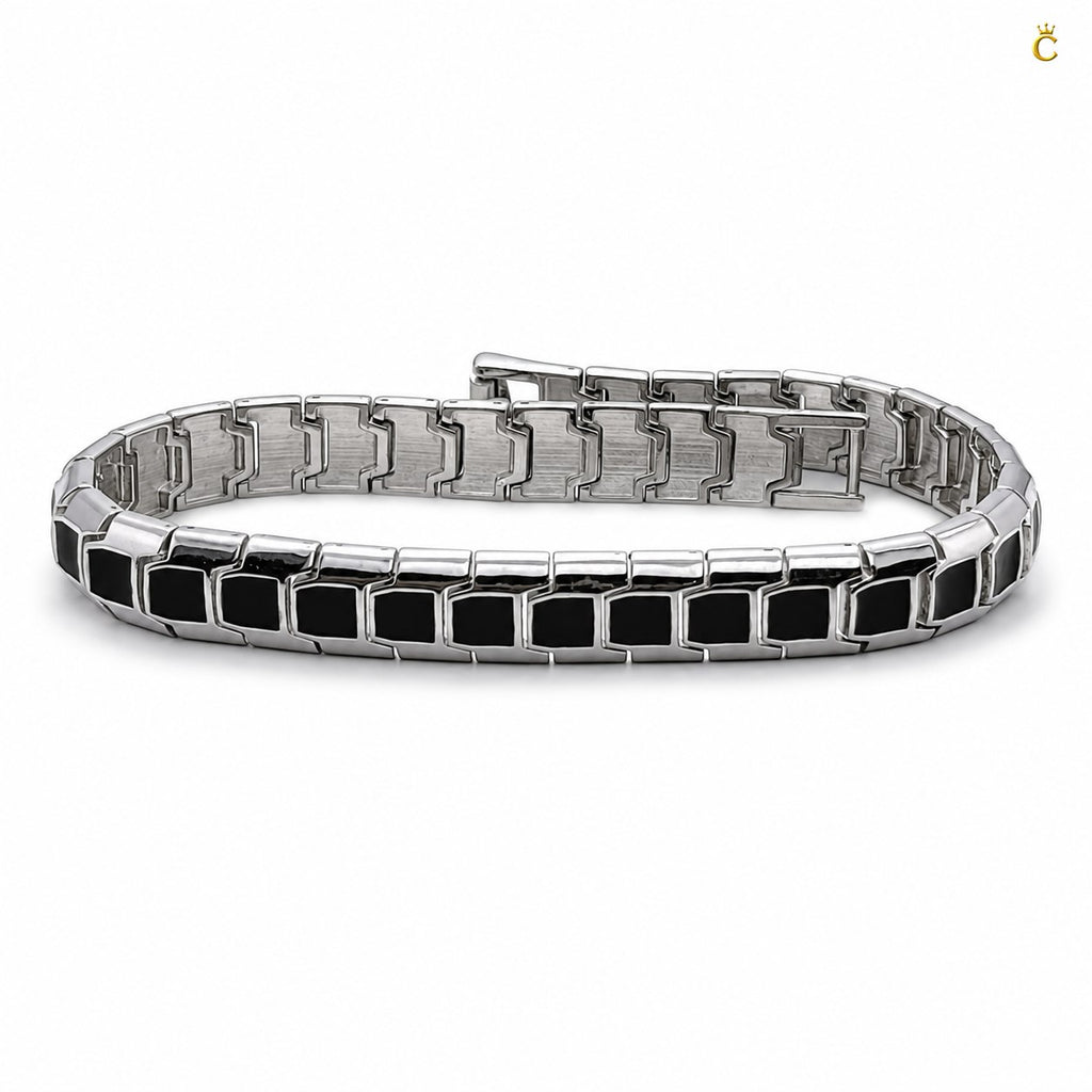 Men's Silver Geometric Link Bracelet with Black Inlay