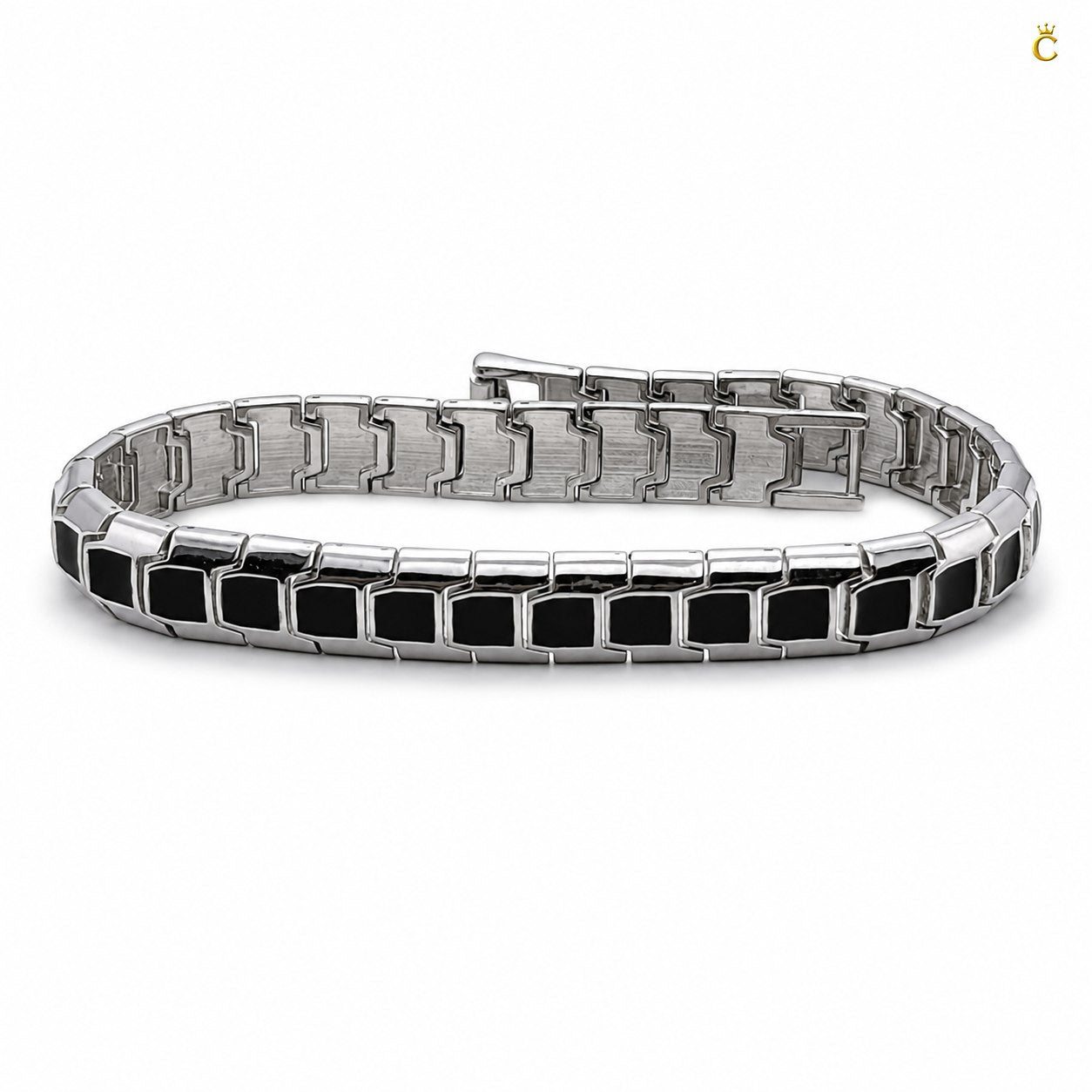 Men's Silver Geometric Link Bracelet with Black Inlay