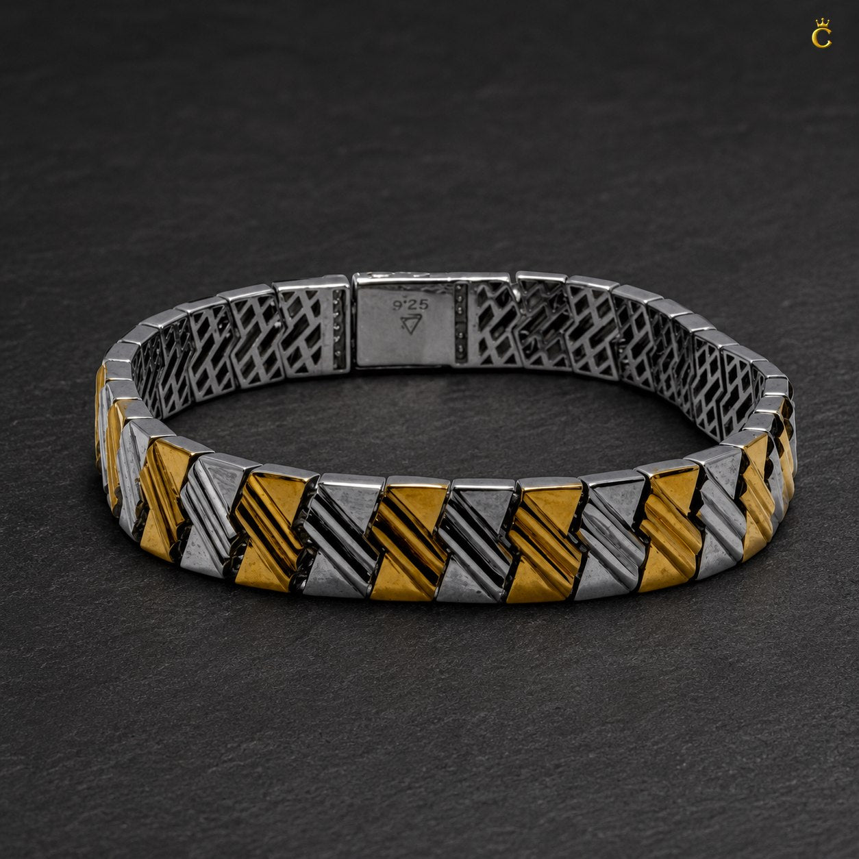 Dual-Tone Geometric Link Silver Bracelet for Men