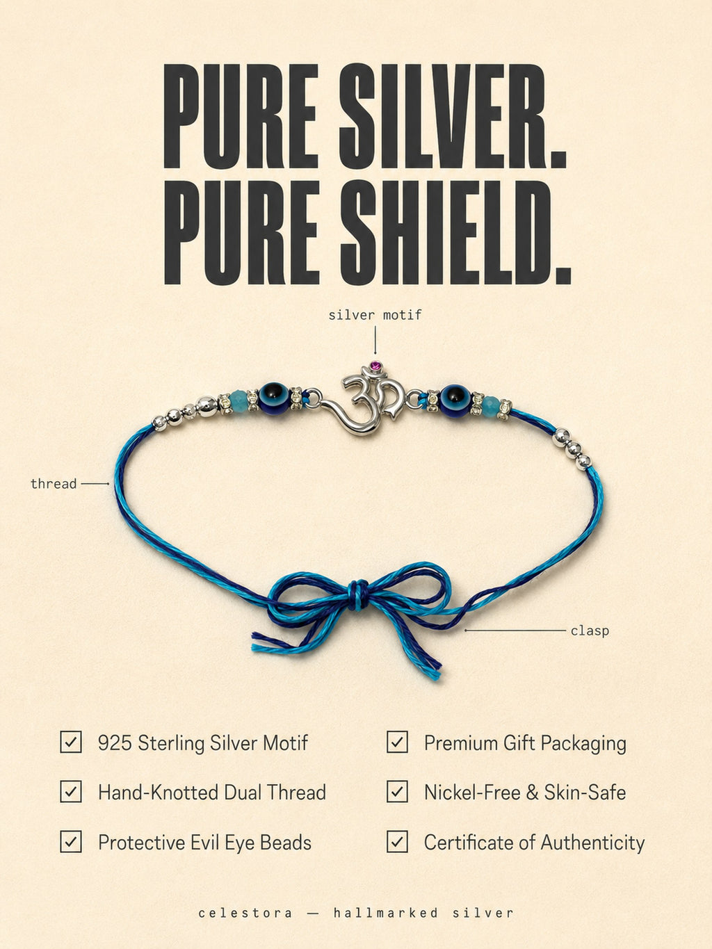 Celestora- Silver Om Evil Eye Premium Rakhi/ Bracelet