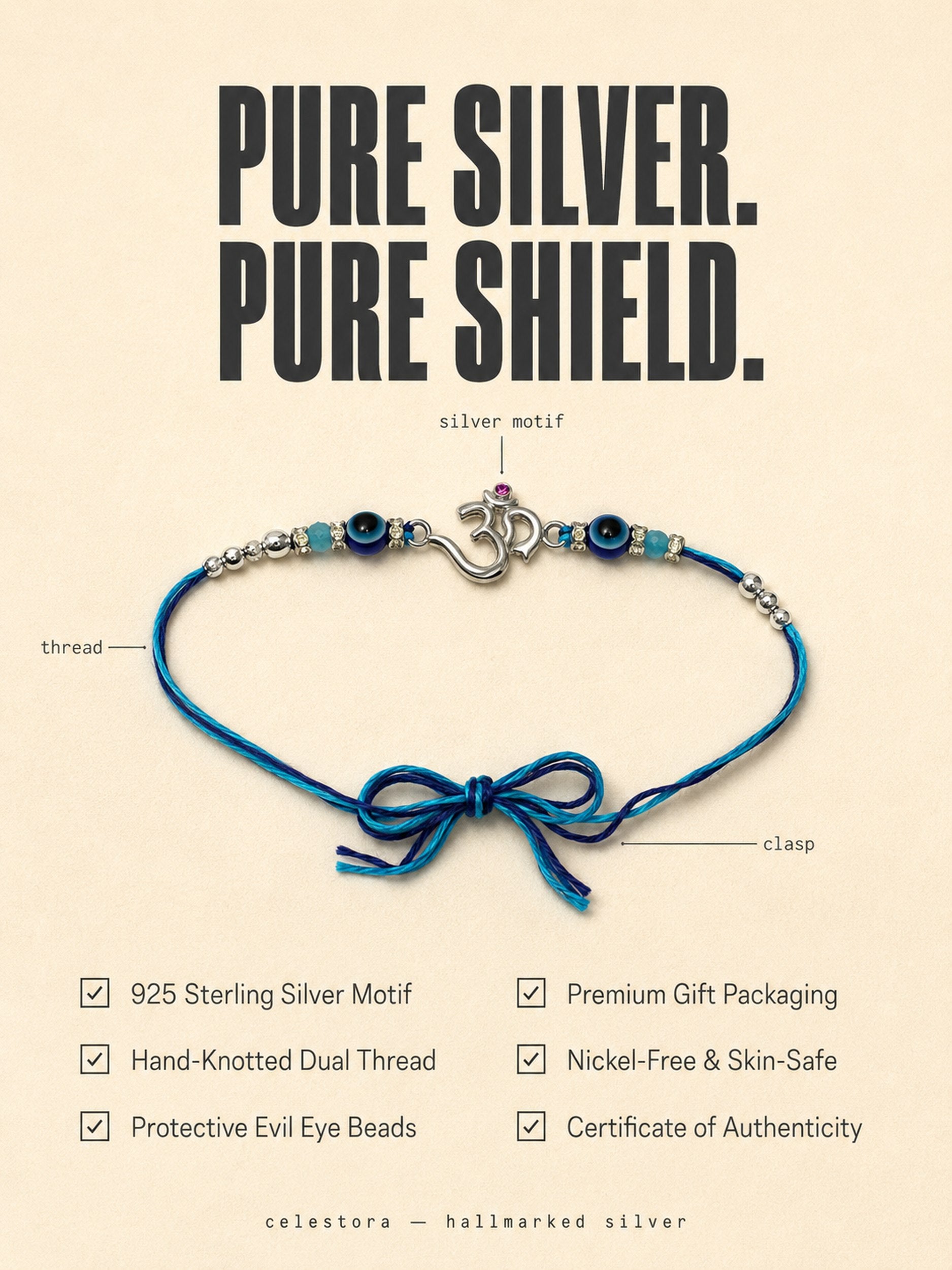 Celestora- Silver Om Evil Eye Premium Rakhi/ Bracelet