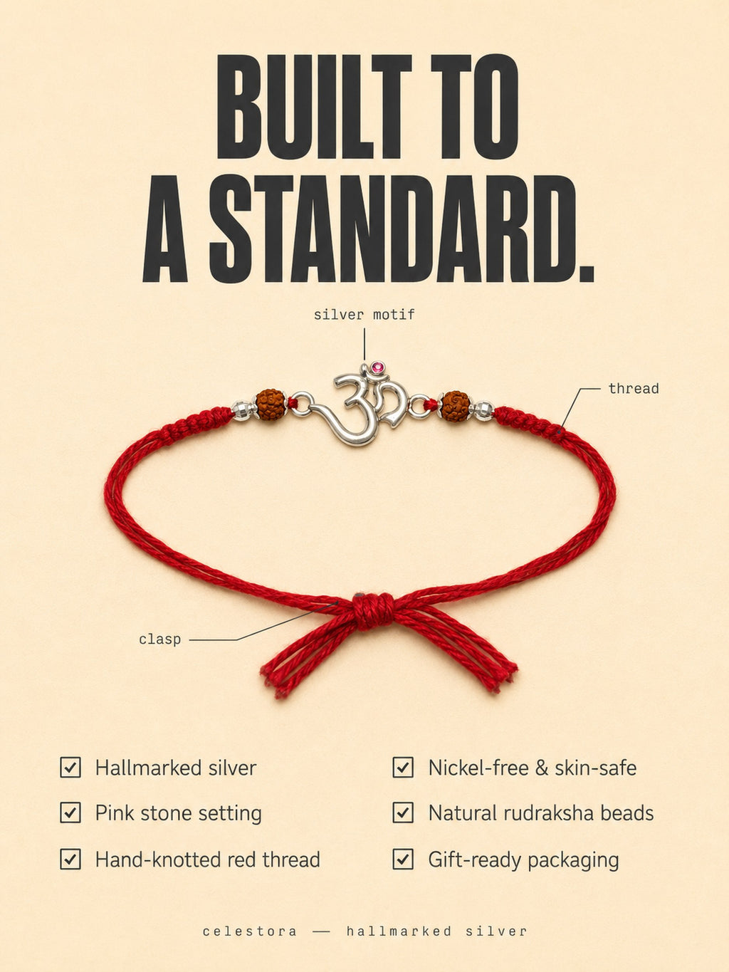 Celestora-Silver Om Rudra with traditional red-yellow sacred thread Rakhi/Bracelet