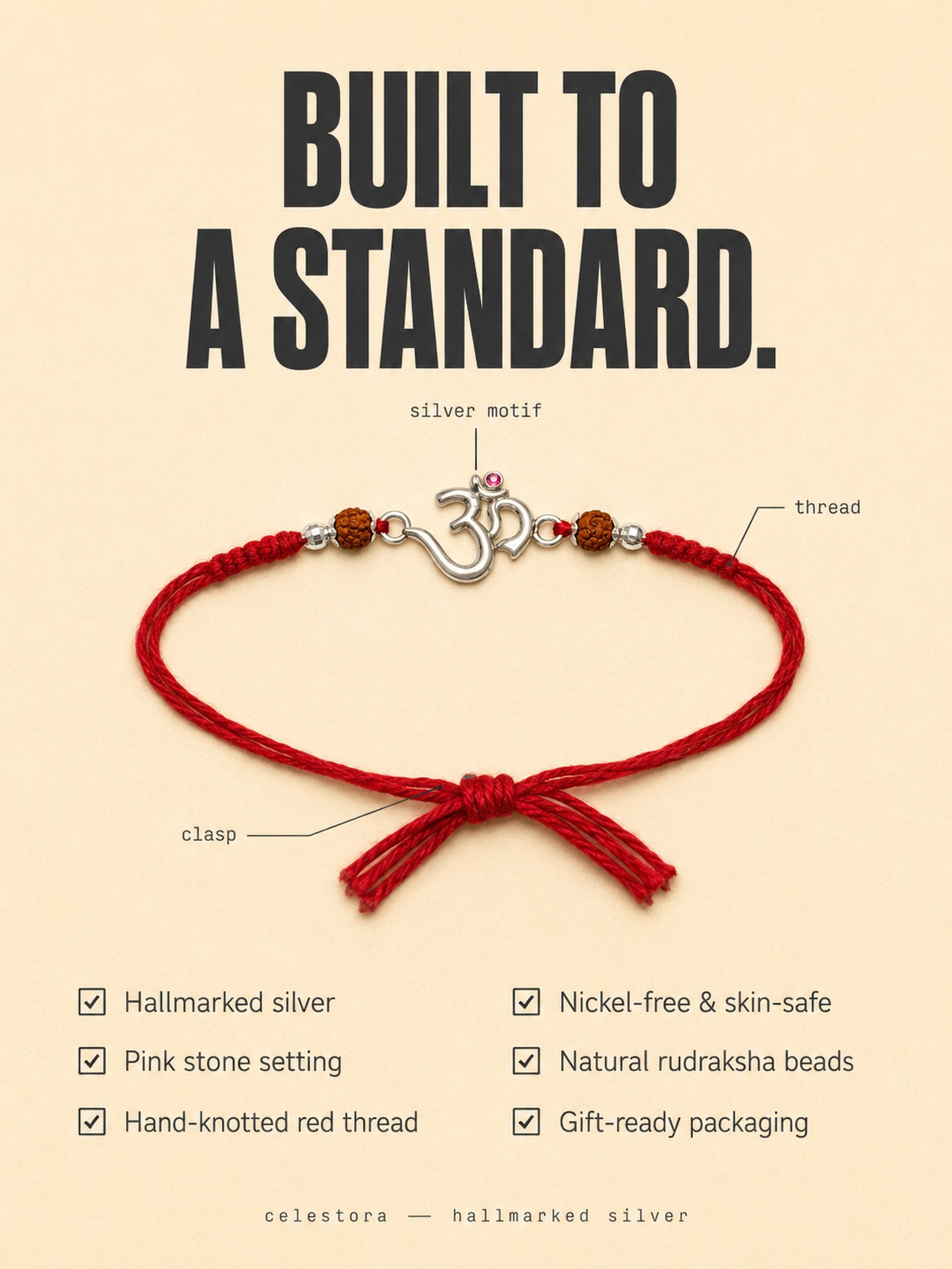 Celestora-Silver Om Rudra with traditional red-yellow sacred thread Rakhi/Bracelet