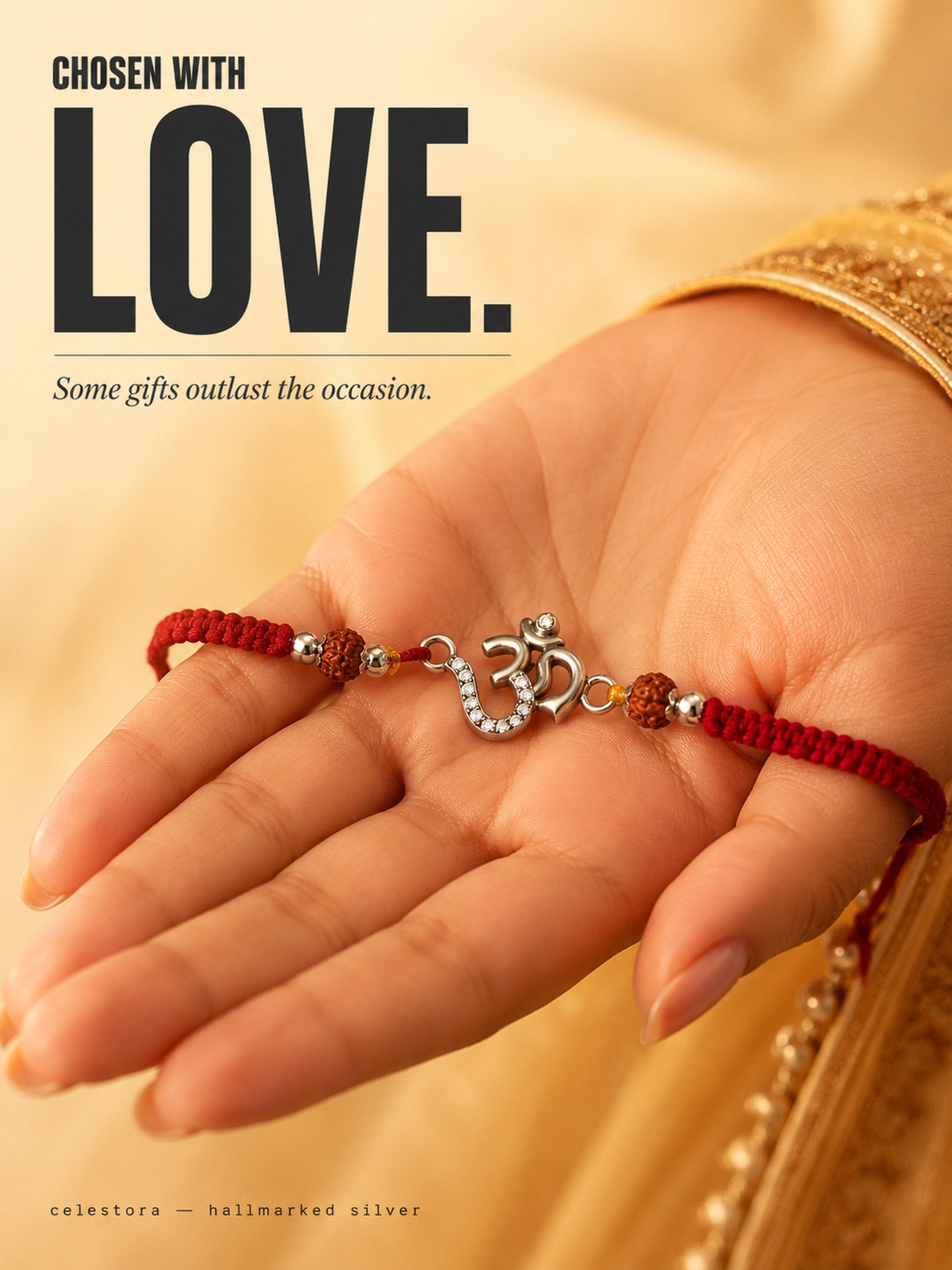Celestora-Silver Om Rakhi with Rudraksha, CZ stones, and traditional Mauli thread