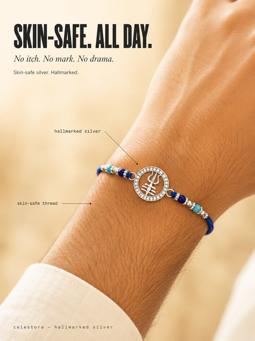 Celestora-Silver Trishul with Tripund, CZ stones, and blue spiritual beads Rakhi/Bracelet