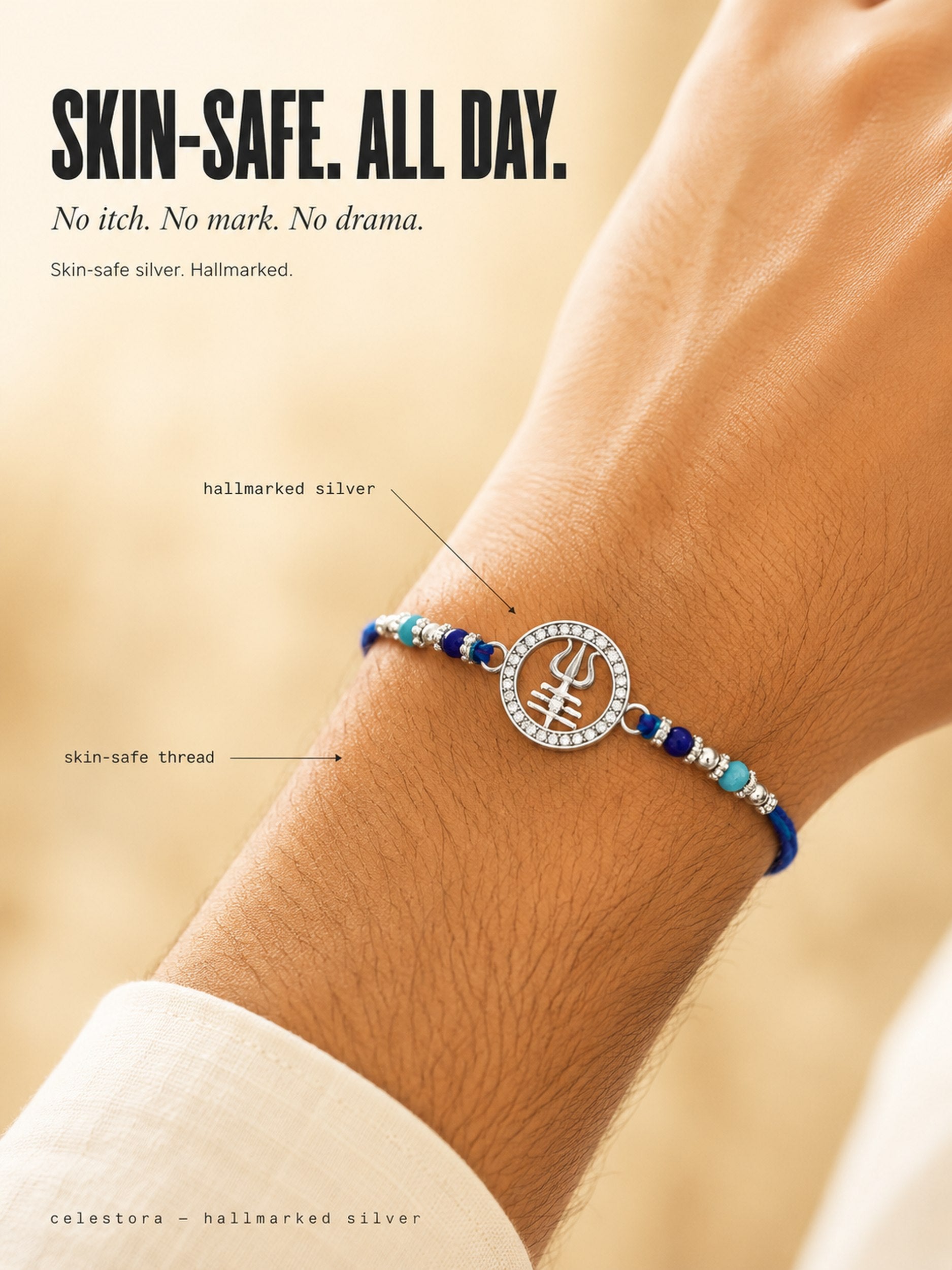 Celestora-Silver Trishul with Tripund, CZ stones, and blue spiritual beads Rakhi/Bracelet