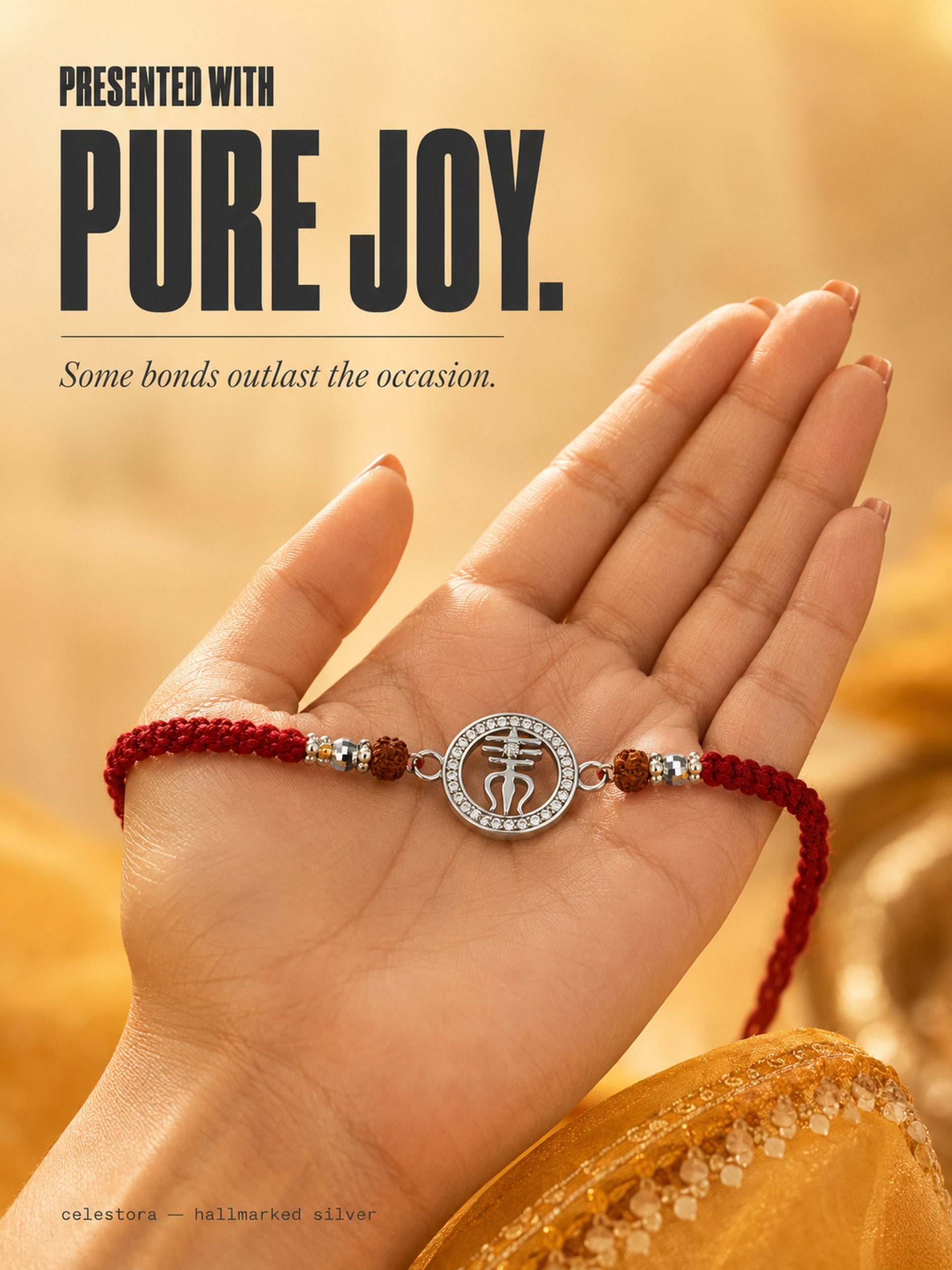 Silver Trishul Rakhi with Rudraksha and CZ stone & Mauli Dhaga