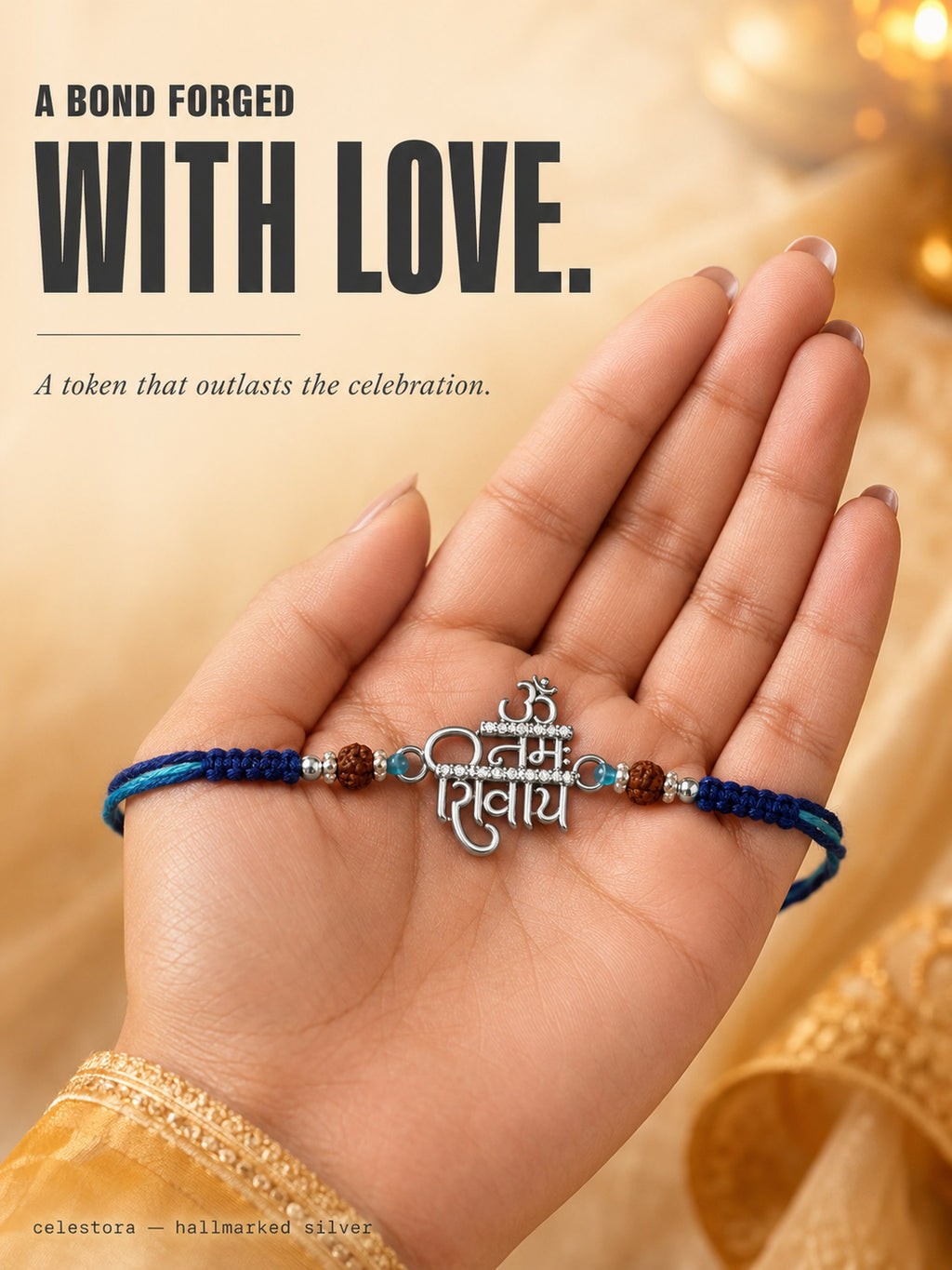 Celestora-Silver "Om Namah Shivaya" Rakhi/ Bracelet with glittering CZ stones, Rudraksha beads, and a blue sacred thread
