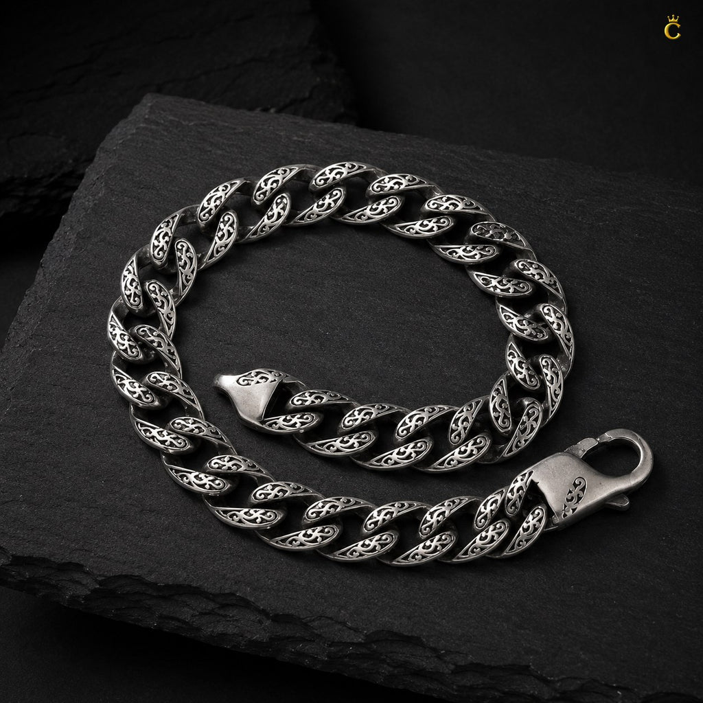 Ornate Filigree Silver Curb Link Bracelet