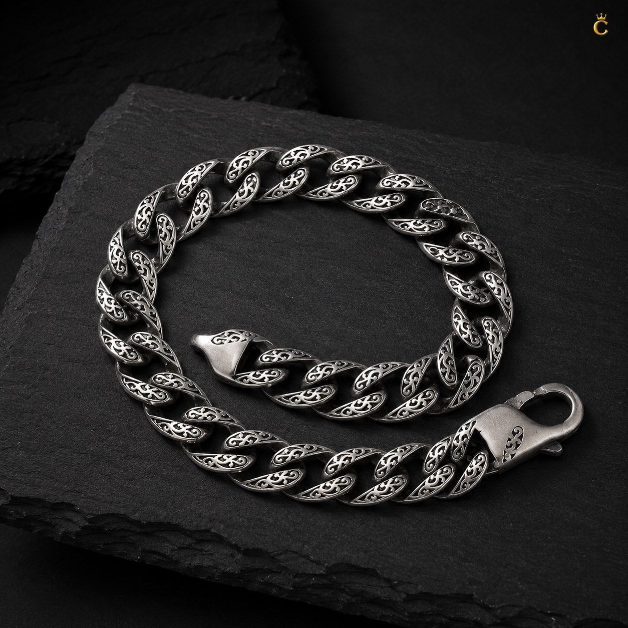 Ornate Filigree Silver Curb Link Bracelet