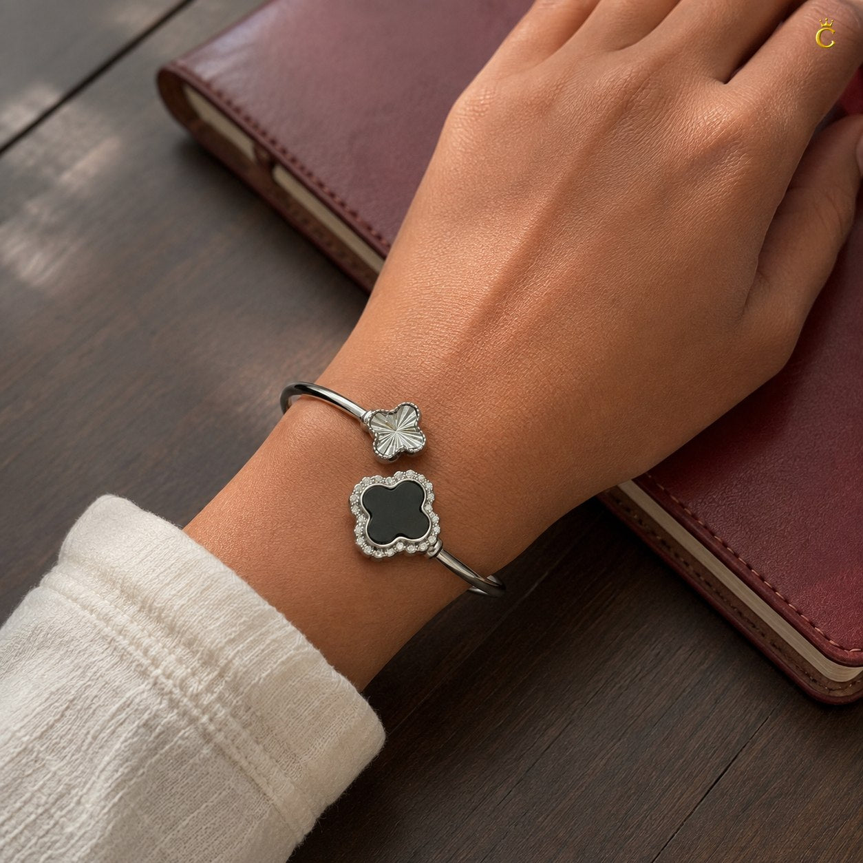 Celestora-Silver Open Cuff/Kada with a Black & Silver clover motif Vancliff design