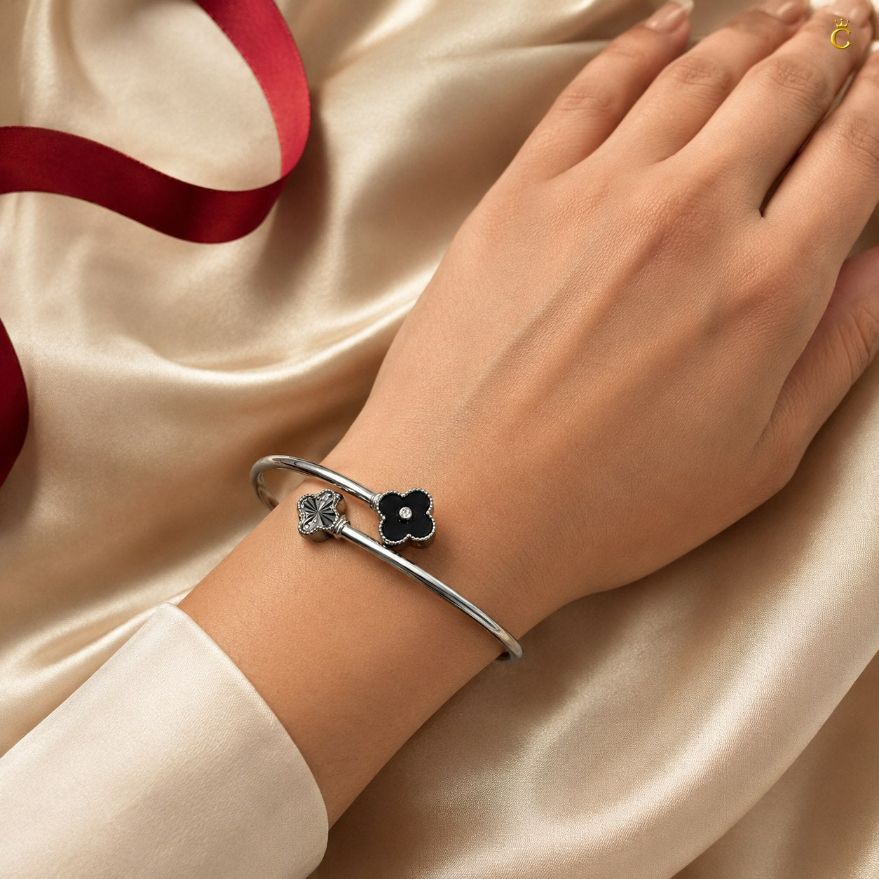 Celestora-Silver Midnight Black Clover Open Kada/ Cuff