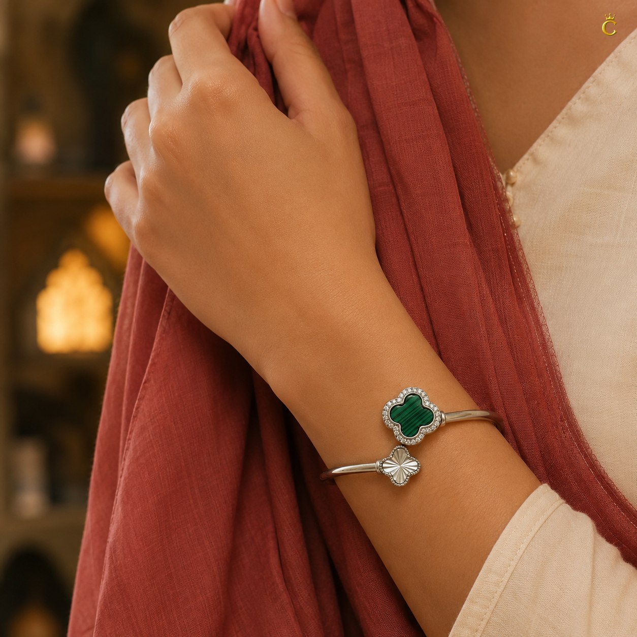 Celestora-Silver Open Cuff /Kada Van-cliff design with a Green & Silver clover motif