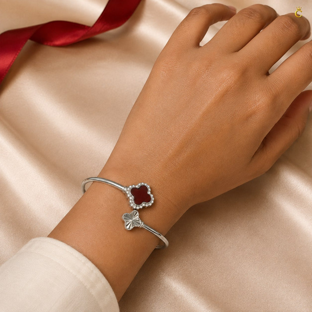 Celestora- Silver Van cliff design Ruby Clover Open cuff/ Kada