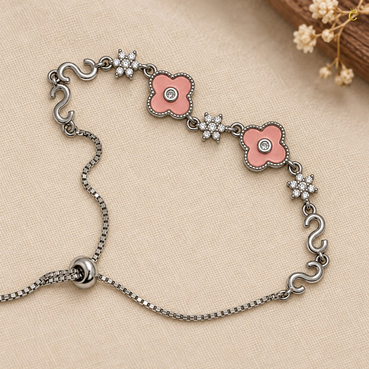 Elegant Silver pink floral adjustable /slider bracelet