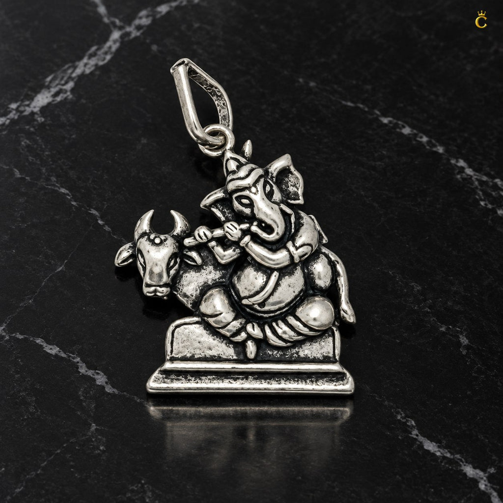 Oxidized Lord Ganesha with Bansuri and Holy cow Silver pendant