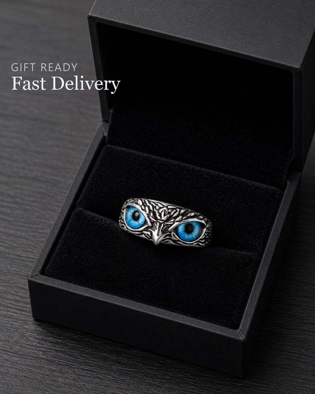 Vivid Blue-Eyed Owl Adjustable Silver Ring