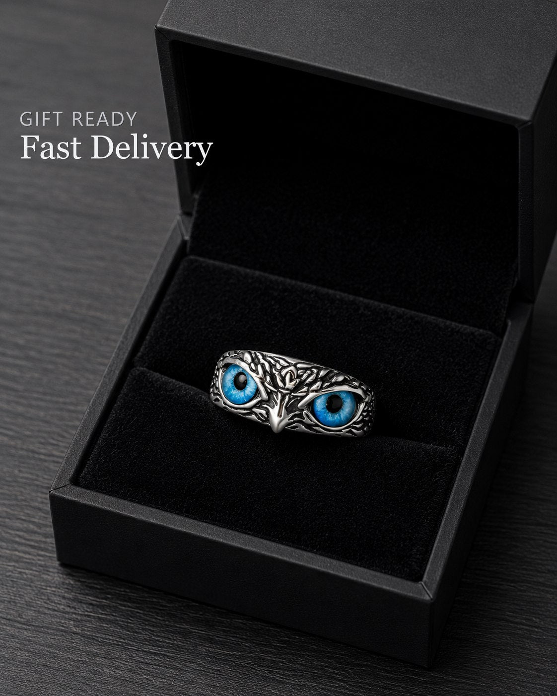 Vivid Blue-Eyed Owl Adjustable Silver Ring